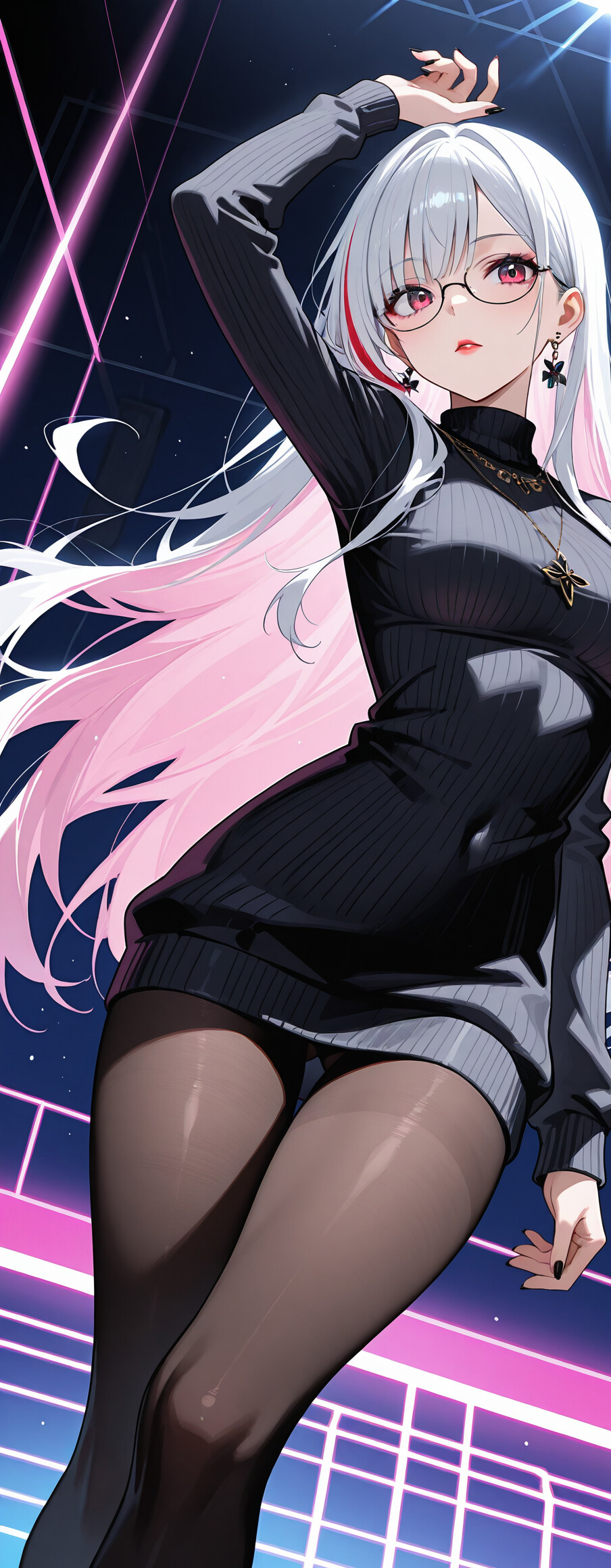 Uzun, beyaz, mavi ve mor tonlarında ombreden oluşan saçları, mor gözleri ve gözlükleri olan, üzerine açık renkli siyah bir hırka, bir boğazlık ve parlak mor çizgilerden oluşan bir arka plan üzerinde duran, tayt giymiş bir anime kız.