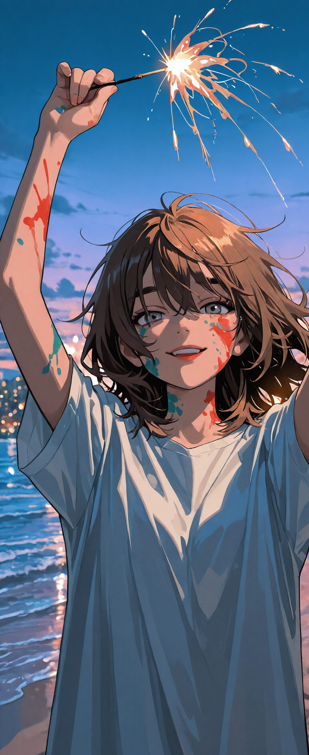 Kahverengi saçlı, yüzüne renkli makyaj yapılmış genç bir kadın, gün batımında bir plajda başının üzerinde yanan bir havai fişek tutuyor; arka planda deniz ve şehir silueti görülüyor.