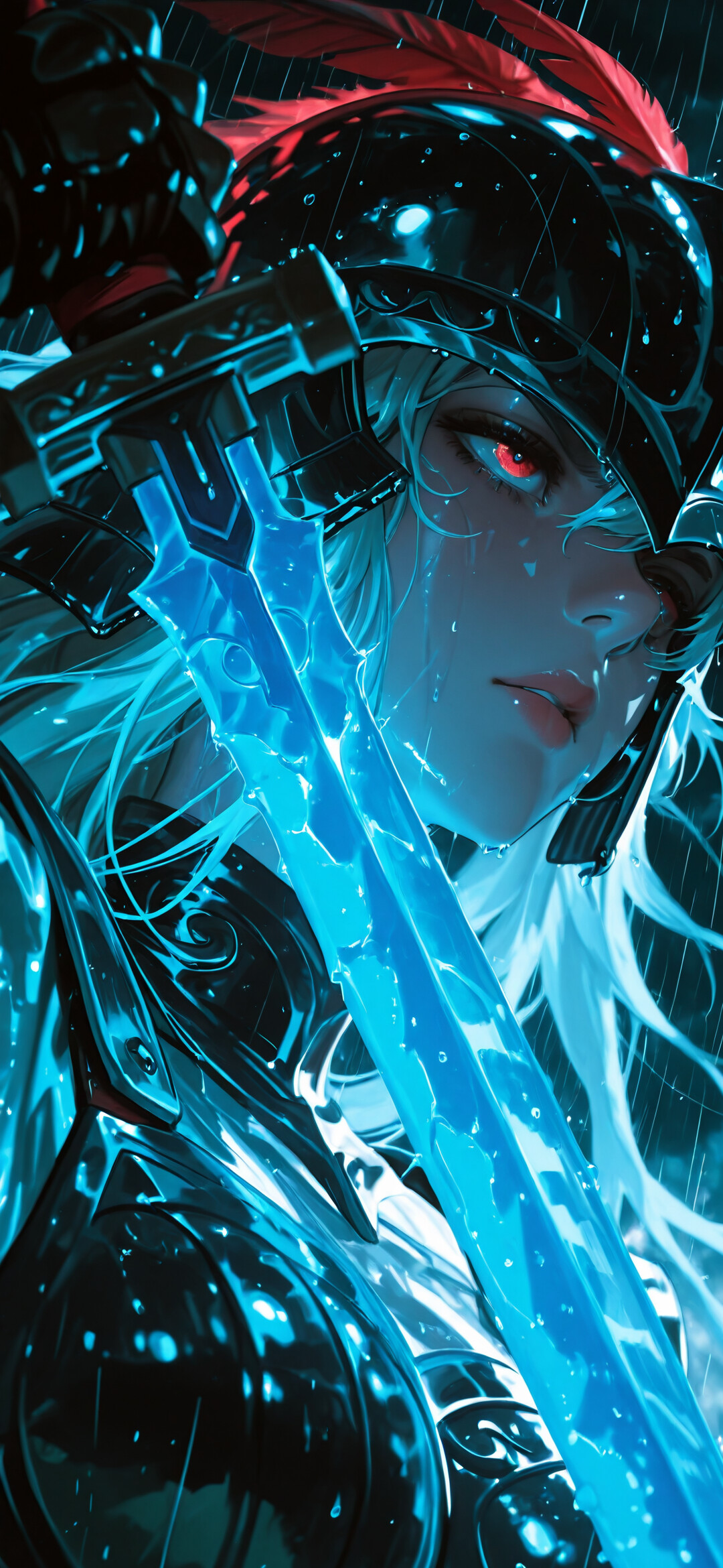 Uzun beyaz saçlı ve parıldayan kırmızı gözlü, anime tarzında çizilmiş bir kadın savaşçının portresi. Üzerinde koyu renk bir zırh ve kırmızı tüylü bir miğfer var. Yağmur altında büyük, parıldayan mavi bir kılıç tutuyor.