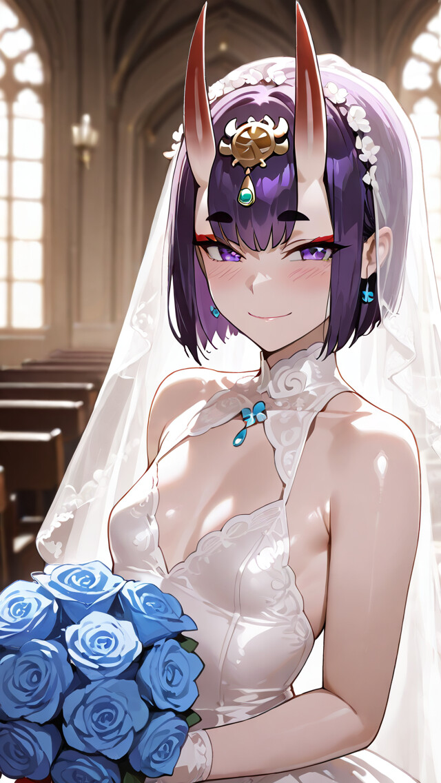 Fate/Grand Order'dan Shuten Douji, gelin olarak, üzerinde beyaz bir düğün elbisesi ve duvağıyla bir kilisenin içinde gülümseyerek duruyor ve elinde mavi güllerden oluşan bir demet tutuyor.
