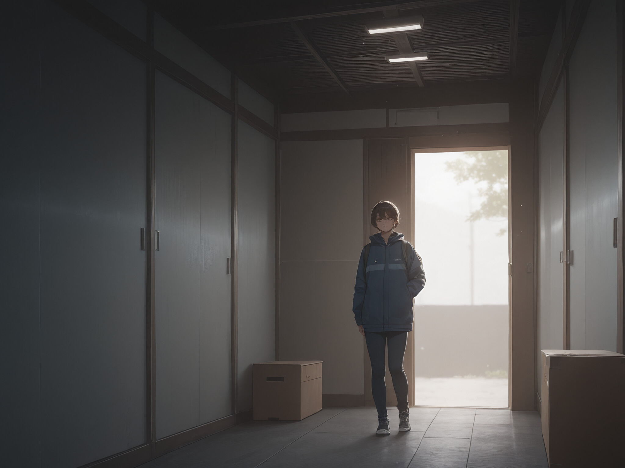 Uzun sarı saçları ve uzun beyaz bir elbisesi olan, anime tarzında genç bir kadın, koyu yeşil bir kapının önünde duruyor. Elinde bir şey tutuyor ve güneşli bir gökyüzünün altında, iki büyük saksı bitkisiyle çevrili.