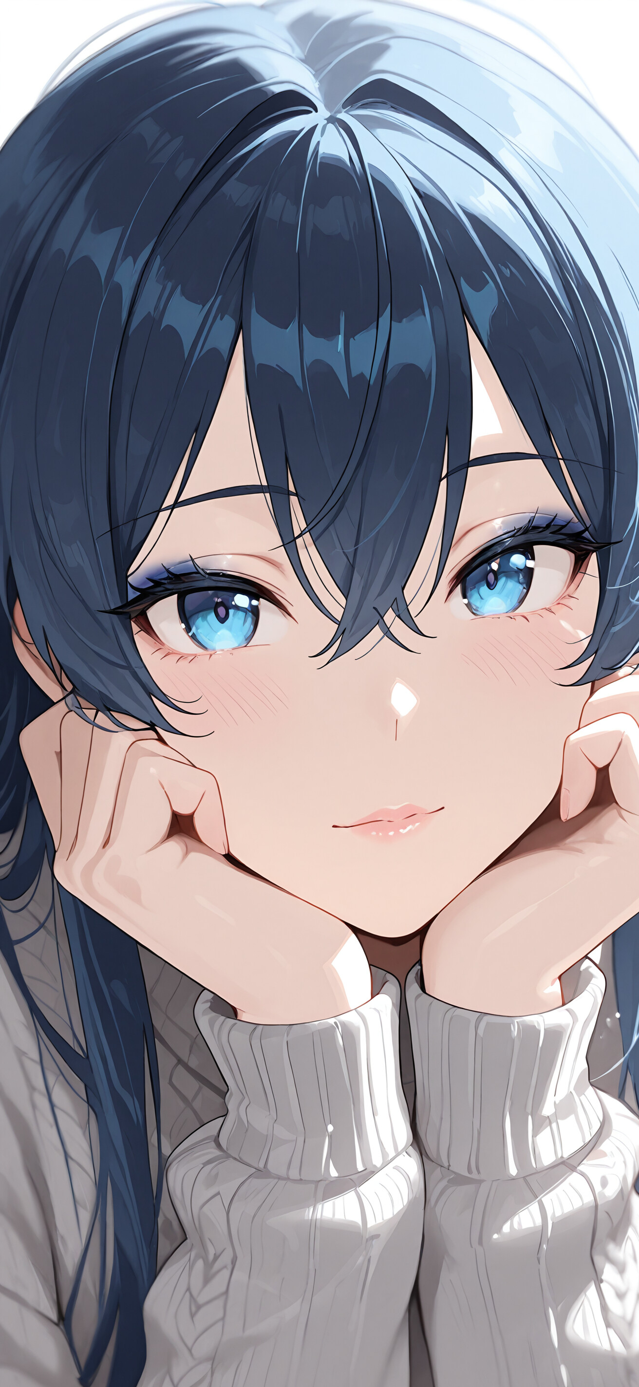 Kısa, açık mavi saçları ve son derece detaylı mavi gözleri olan bir karakterin, sakin bir ifadeyle ileriye baktığı, yakın çekim dijital portresi.