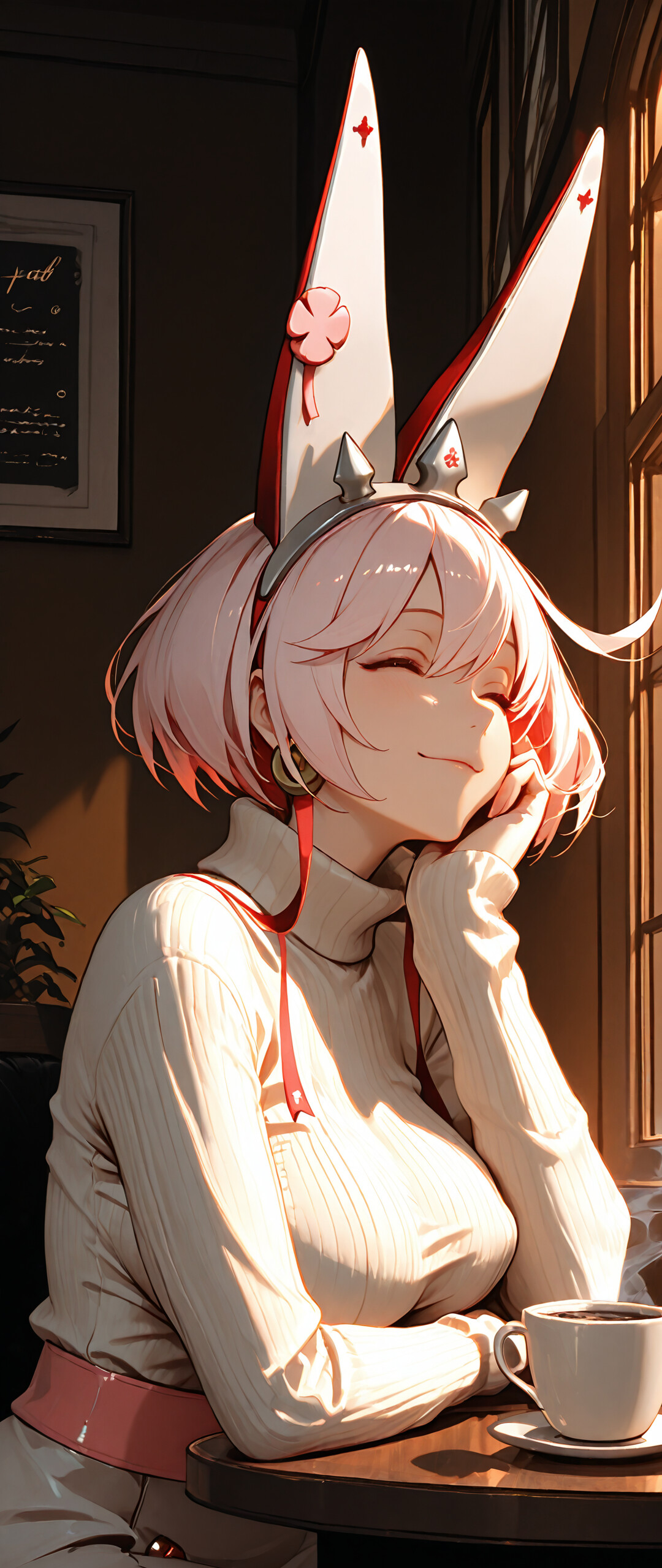 Guilty Gear oyunundan Elphelt Valentine'ın anime tarzında çizilmiş bir illüstrasyonu. Kısa pembe saçları, mavi gözleri ve dikenli bir taçla süslenmiş, büyük beyaz tavşan kulaklarına sahip. Üzerinde beyaz, balıkçı yaka bir kazak var ve bir kafedeki ahşap bir masada oturuyor, hafifçe gülümseyerek çenesini eline dayamış. Masanın yanında bir fincan kahve duruyor.