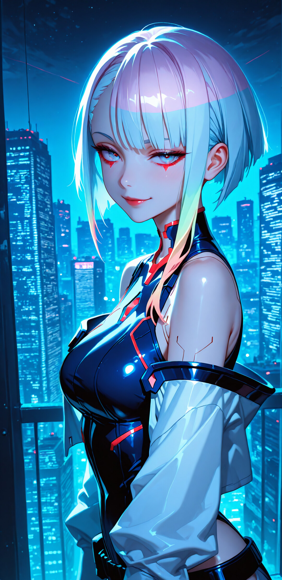 Cyberpunk: Edgerunners'dan Lucy'nin anime tarzında çizilmiş bir illüstrasyonu: Kısa, beyaz ve gökkuşağı renklerinde saçları olan genç bir kadın, izleyiciye hafifçe gülümseyerek bakıyor. Gece, fütüristik bir şehir manzarasının görüldüğü bir pencerenin önünde duruyor.