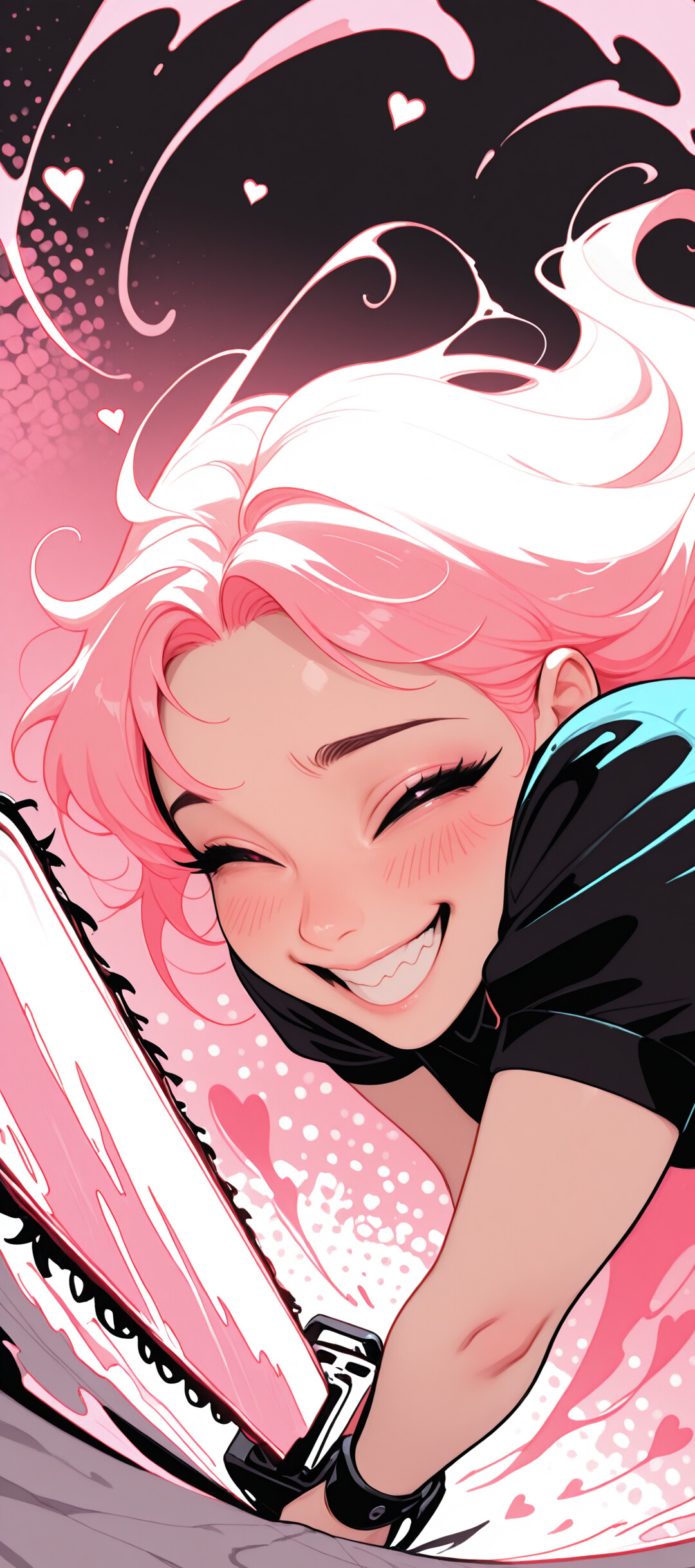 Pembe saçlı, hizmetçi kıyafeti giymiş bir anime karakteri, elinde pembe bir motorlu testere tutarken çılgınca gülüyor ve arka planda pembe kalpler ve kıvrımlar beliriyor.