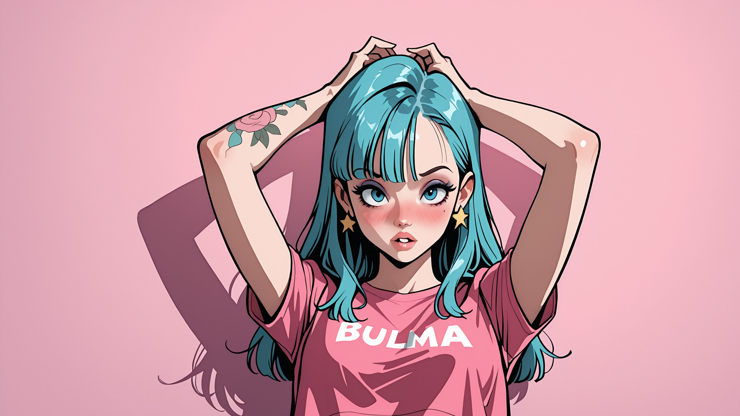 Dragon Ball'dan Bulma'nın anime tarzında çizilmiş bir illüstrasyonu. Mavi saçlı ve mavi gözlü. Üzerinde "BULMA" yazan pembe bir kısa üst, mavi kot pantolon ve yıldız şeklinde küpeler takıyor. Kolunda gül dövmeleri var ve pembe bir arka plan önünde ellerini başının arkasına koymuş poz veriyor.