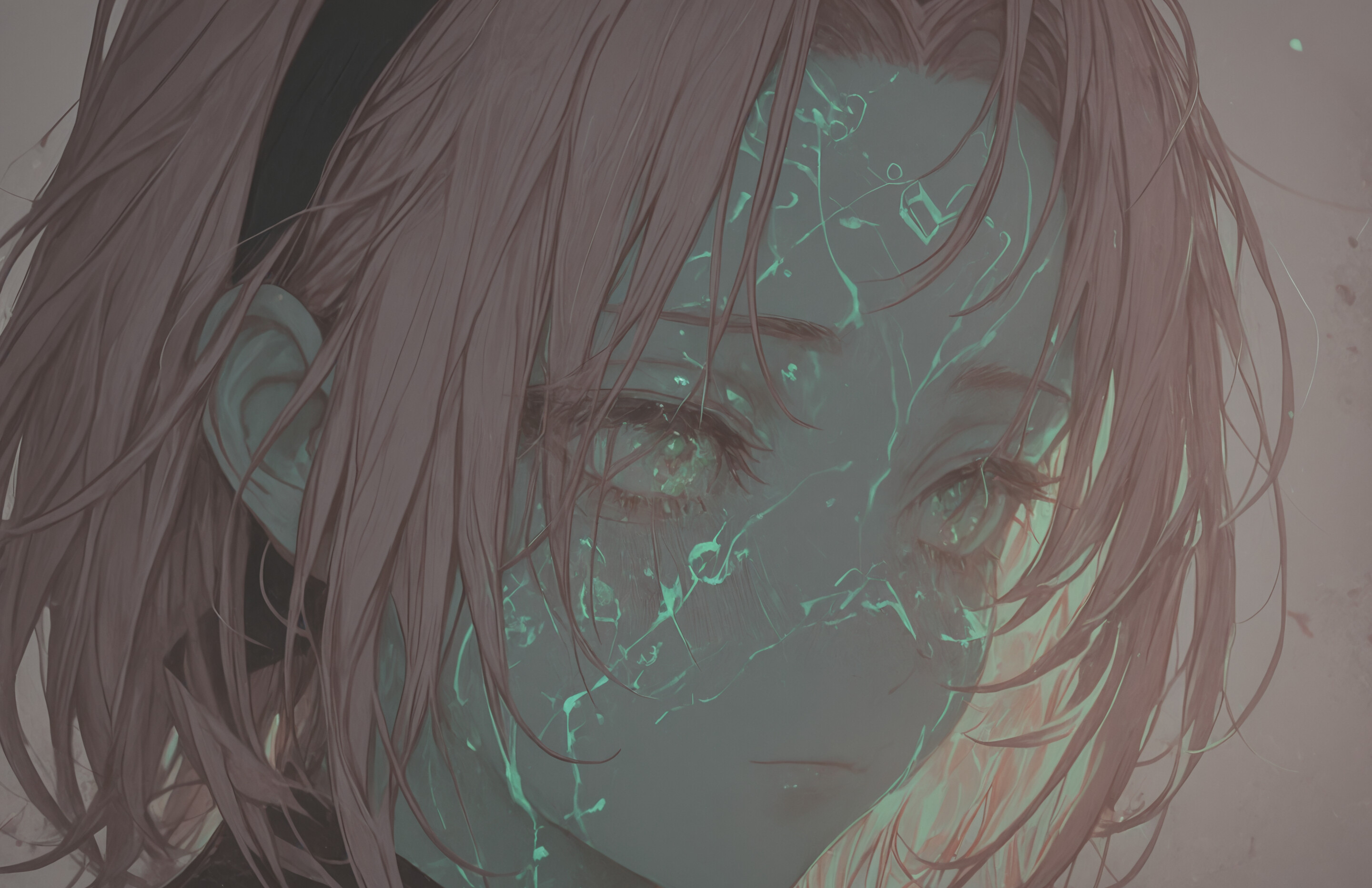 Naruto'dan Sakura Haruno'nun pembe saçlı ve parıldayan yeşil gözlü sanatsal bir portresi. Alnında "Yüz Mühürün Gücü" sembolü bulunuyor ve üzerinde yıldızlarla dolu bir arka plan ve uçuşan yapraklar eşliğinde parıldayan yeşil desenlerle süslenmiş koyu renkli bir kıyafet giyiyor.