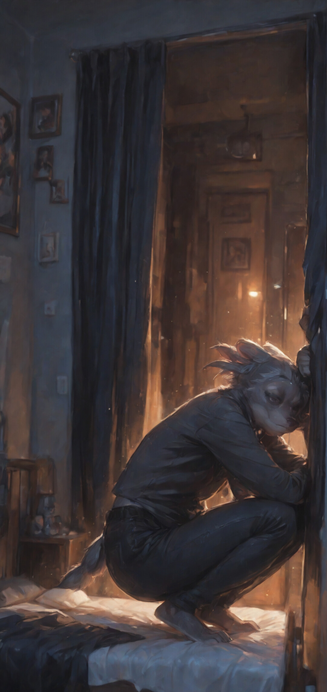 Kırmızı ve beyaz saçlı, insan özelliklerine sahip dişi bir tilkinin tüm vücudunu gösteren bir çizim. Tilki, kırmızı bir tişört ve siyah pantolon giymiş, loş ışıklı bir dairedeki kapı pervazına yaslanmış.