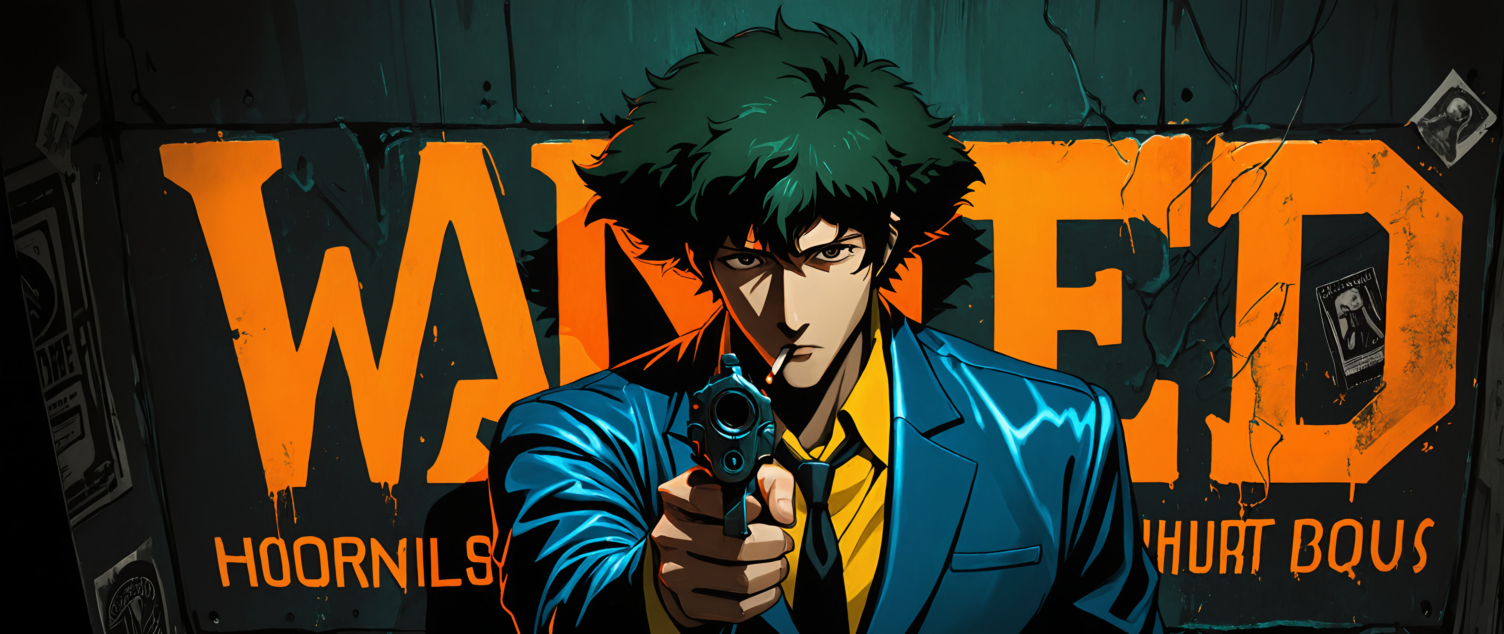 Cowboy Bebop'tan Spike Spiegel'in anime tarzında çizilmiş bir illüstrasyonu; elinde bir tabancayla kameraya doğru nişan alıyor. Saçları dağınık, koyu yeşil renkte, ağzında bir sigara var ve mavi bir takım elbise giymiş. Arkasında büyük, neon renkli bir "ARANIYOR" tabelası bulunan bir duvar var.
