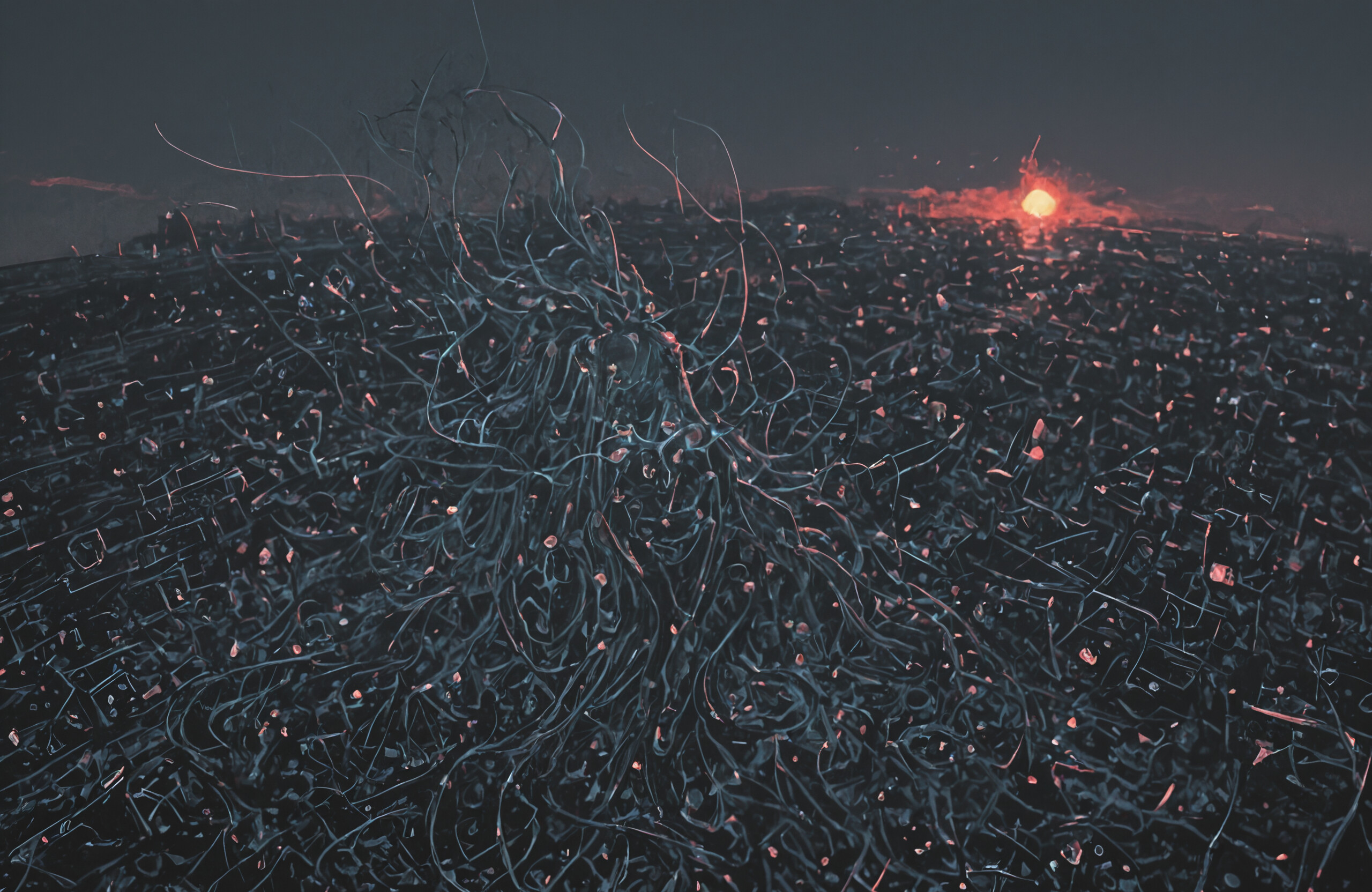 Koyu kahverengi, birbirine dolanmış kökler ve dallardan oluşan, eterik bir ruhu betimleyen, ukiyo-e tarzında bir sanat eseri. Figür, büyük, sağlam, turuncu bir güneşin önünde, kaotik bir ormanda duruyor ve bu güneş, bir tür nimbus görevi görüyor.