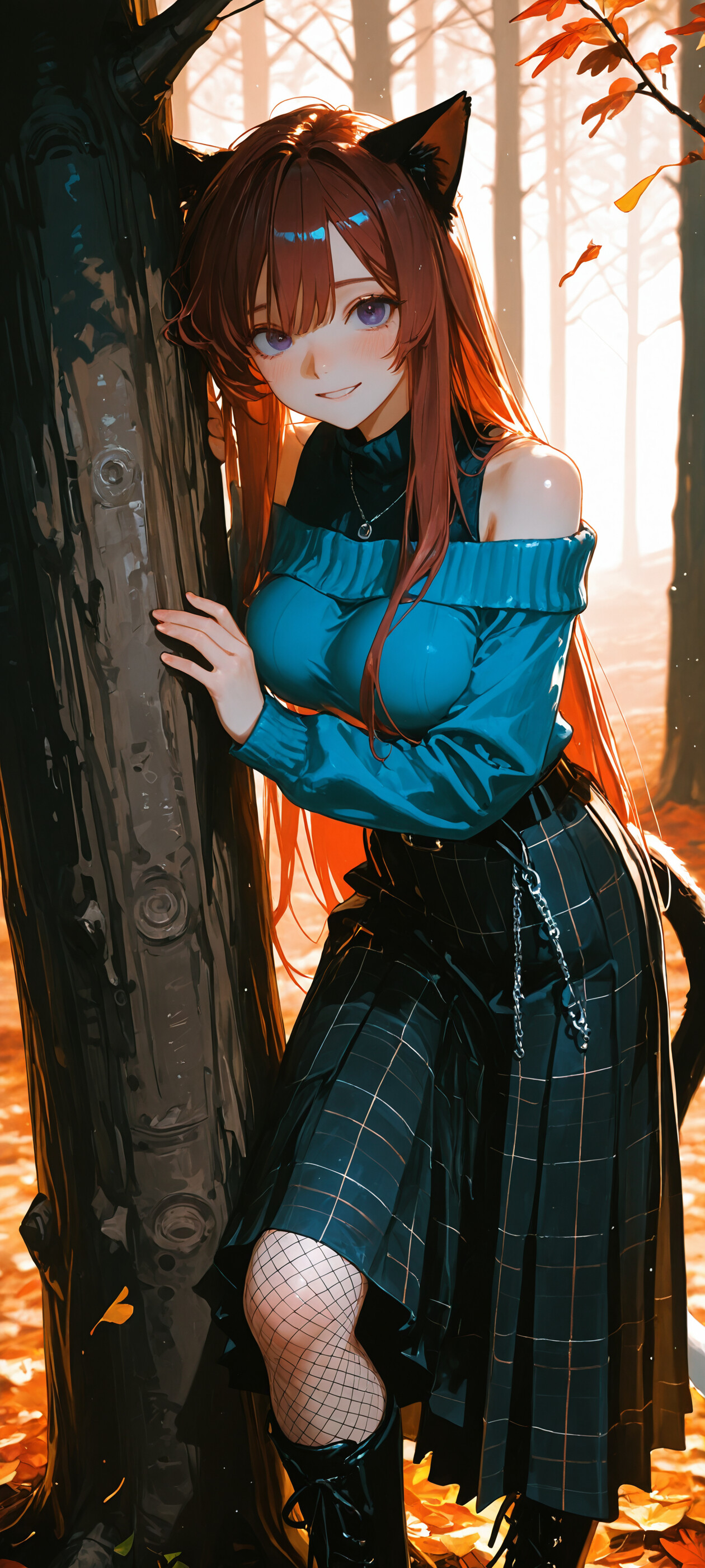 Uzun kahverengi saçları ve mor gözleri olan, mavi, omuzları açık bir kazak ve kareli bir etek giymiş, büyük bir ağacın önünde sonbahar ormanında duran, tüm vücudunu gösteren bir anime tarzı kız çizimi.