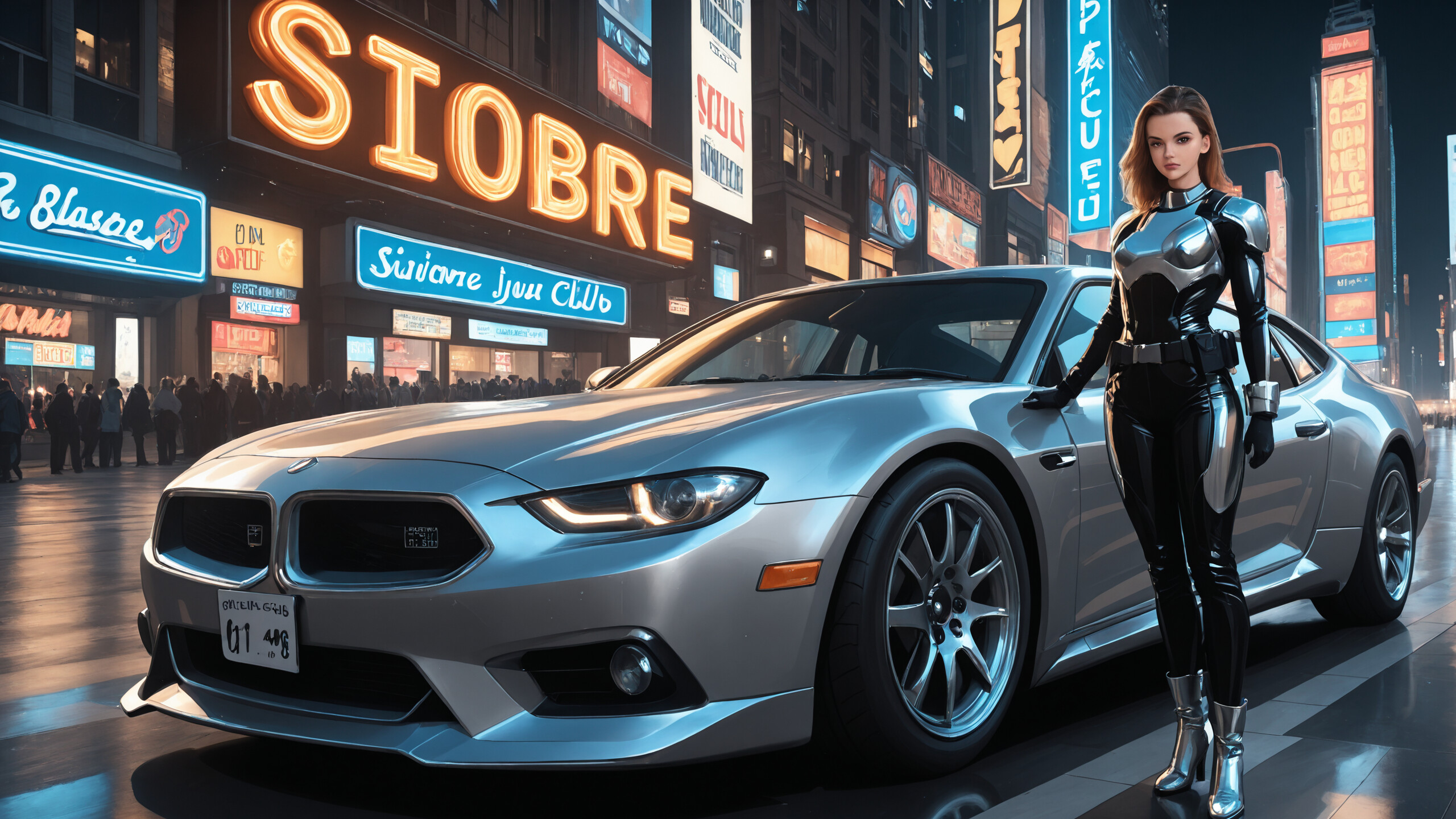 Gelecek temalı, siyah ve krom renkli bir savaş kıyafeti giymiş bir kadın, gece vakti ıslak bir şehir caddesinde yürüyor; yanında iki tane gümüş rengi, eski model araba bulunuyor ve etrafı parıldayan neon tabelalarla çevrili.