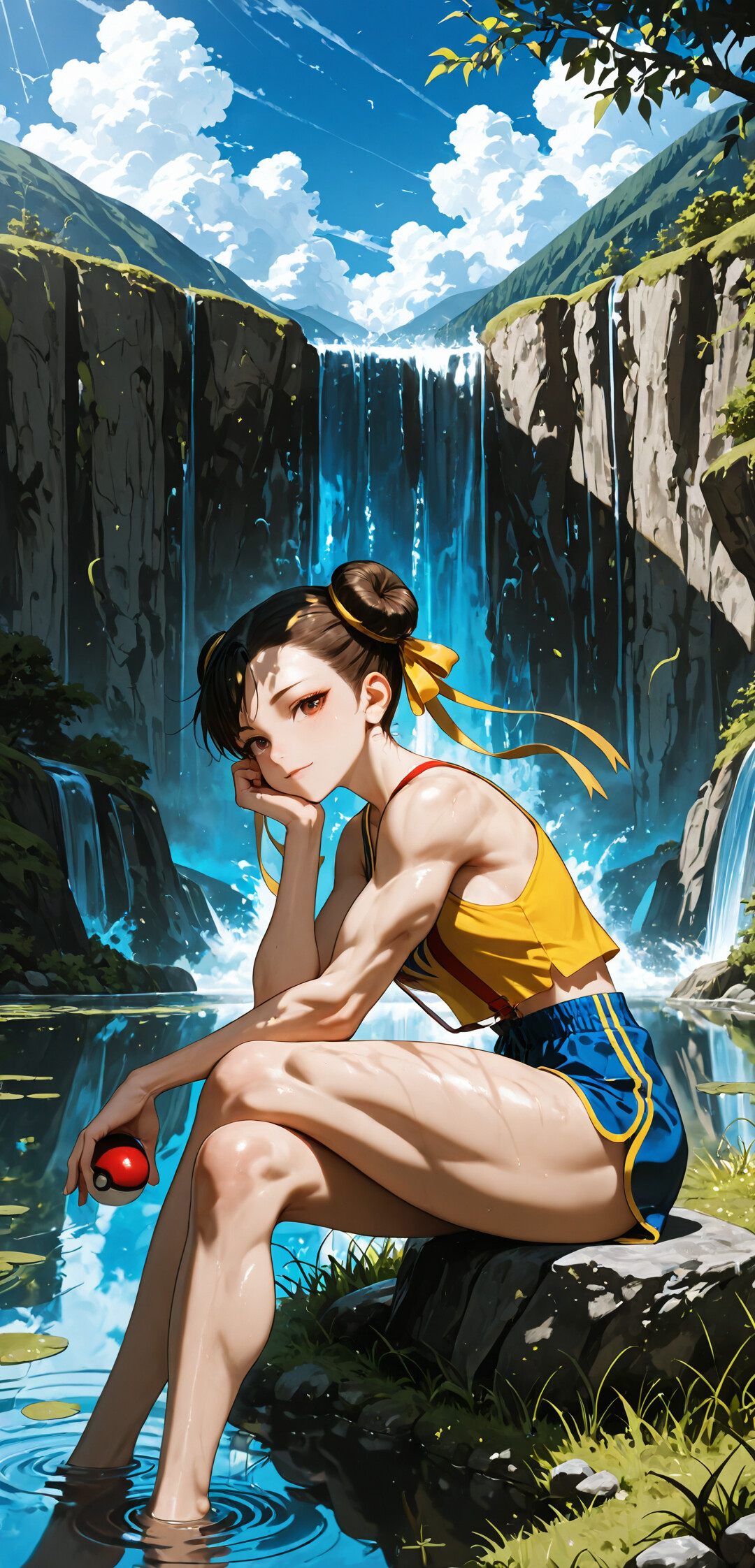 Street Fighter oyunundaki Chun-Li karakteri, güneşli ve doğal bir ortamda, bir göl kenarında ve bir şelalenin yanında oturuyor. Üzerinde sarı bir üst ve mavi şort bulunan Chun-Li, bir Pokémon eğitmeni gibi giyinmiş, elinde bir Poké Topu tutuyor ve izleyiciye gülümsüyor.