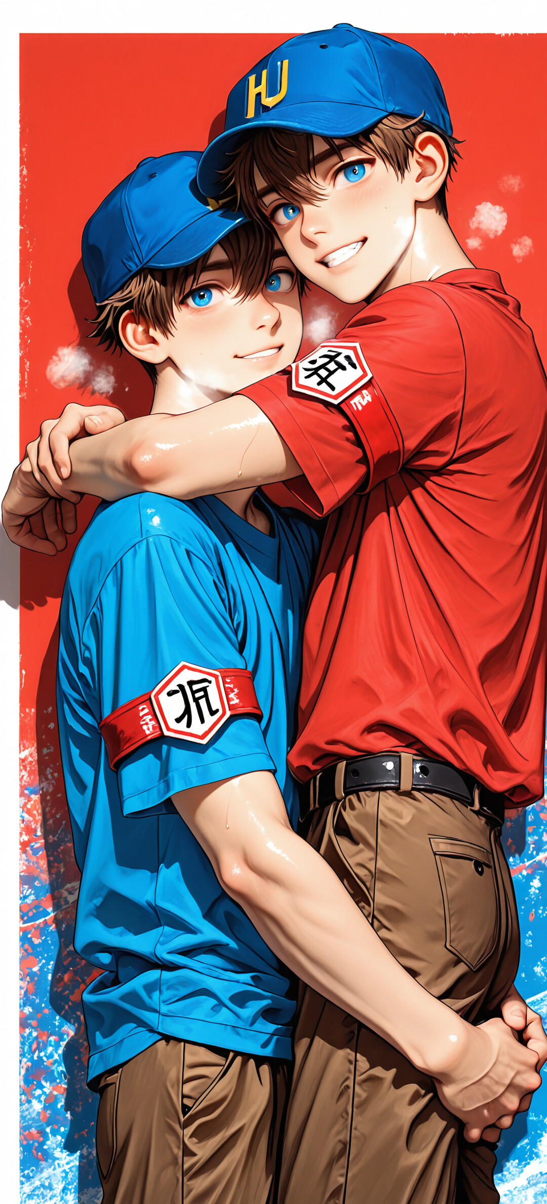 Kahverengi saçlı ve parlak mavi gözlü, anime tarzında genç bir adam, üzerine 'H' harfi işlenmiş mavi bir tişört ve beyzbol şapkası giymiş, kırmızı bir duvarın önünde kollarını ve bacaklarını çaprazlayarak oturmuş ve kendinden emin bir şekilde gülümsüyor.