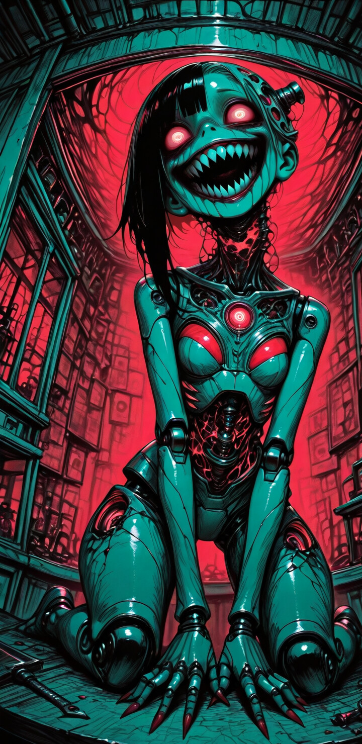 Soluk tenli, geniş ve dişli bir gülümsemeye ve deli bakışlara sahip kadın robot, karanlık bir bilim kurgu odasının zemininde diz çökmüş durumda. Arkasında, kırmızı ışıklı pencerelerden görülebilen, parlayan gözlere sahip gölgeli figürler var.
