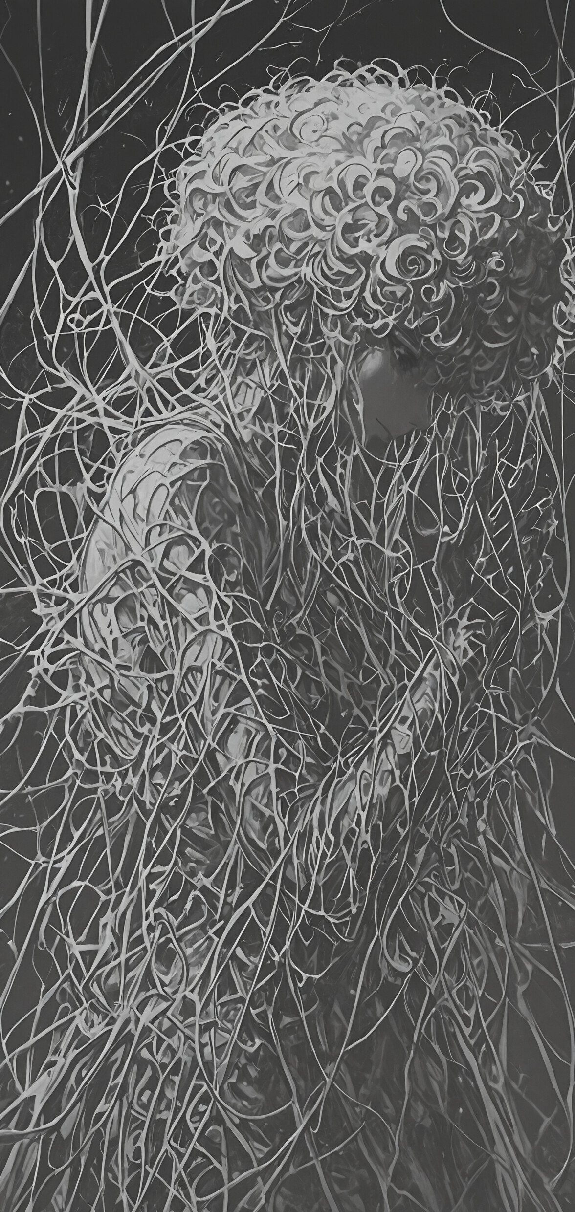 Yüksek çözünürlüklü, siyah beyaz bir illüstrasyon. Resimde, yandan görünümü olan bir kadın betimlenmiş. Kadının büyük ve etkileyici gözleri ile kısa, sık kıvrımlı beyaz saçları var. Karmaşık, ağsı bir desen, boynunu ve omuzlarını, koyu renkli ve soyut bir arka plan üzerinde kaplıyor.