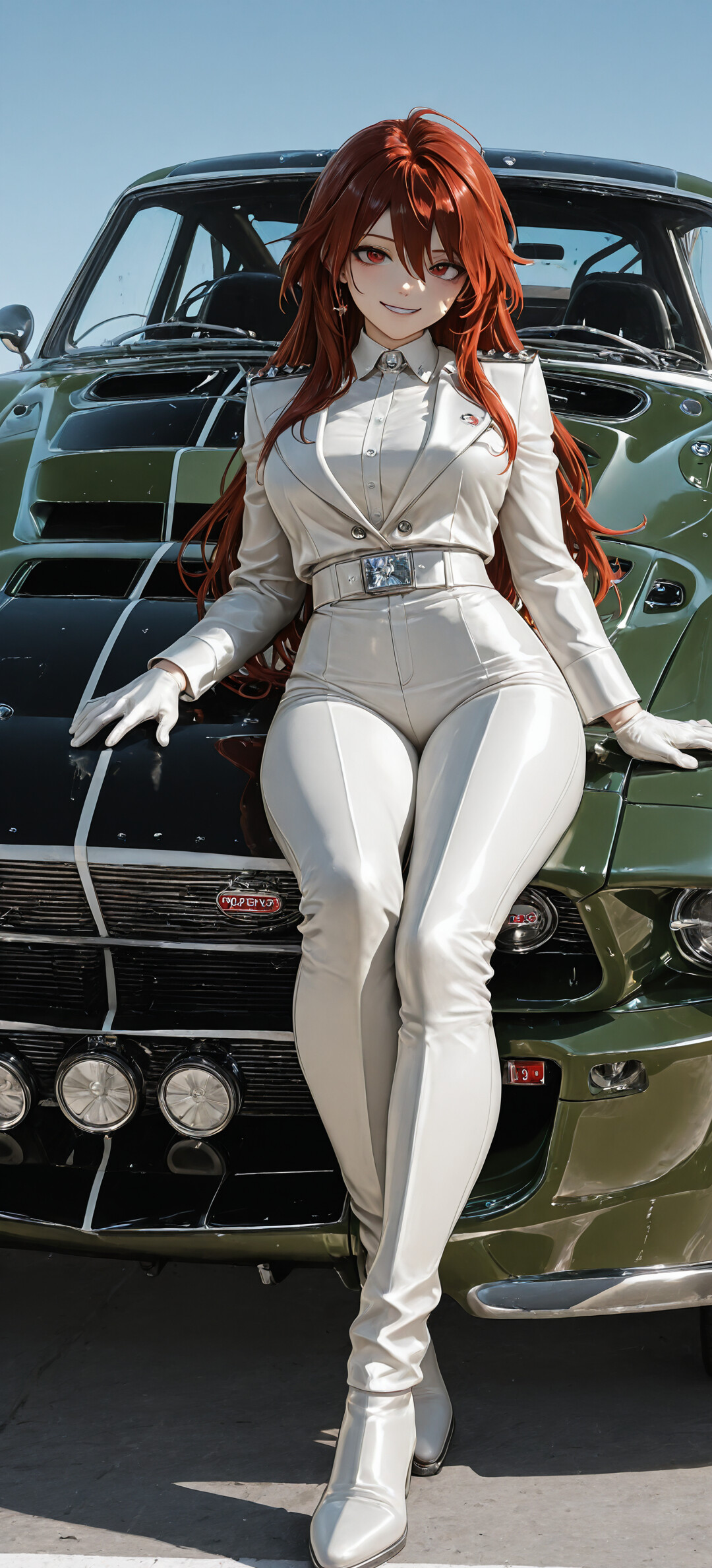 Koyu yeşil renkte, önemli ölçüde modifiye edilmiş, eski model bir Ford Mustang'in ön görünümü. Özel yapım bir ızgara ve ön tamponda beş adet yuvarlak far bulunuyor. Araç, güneşli bir günde açık havada park edilmiş.