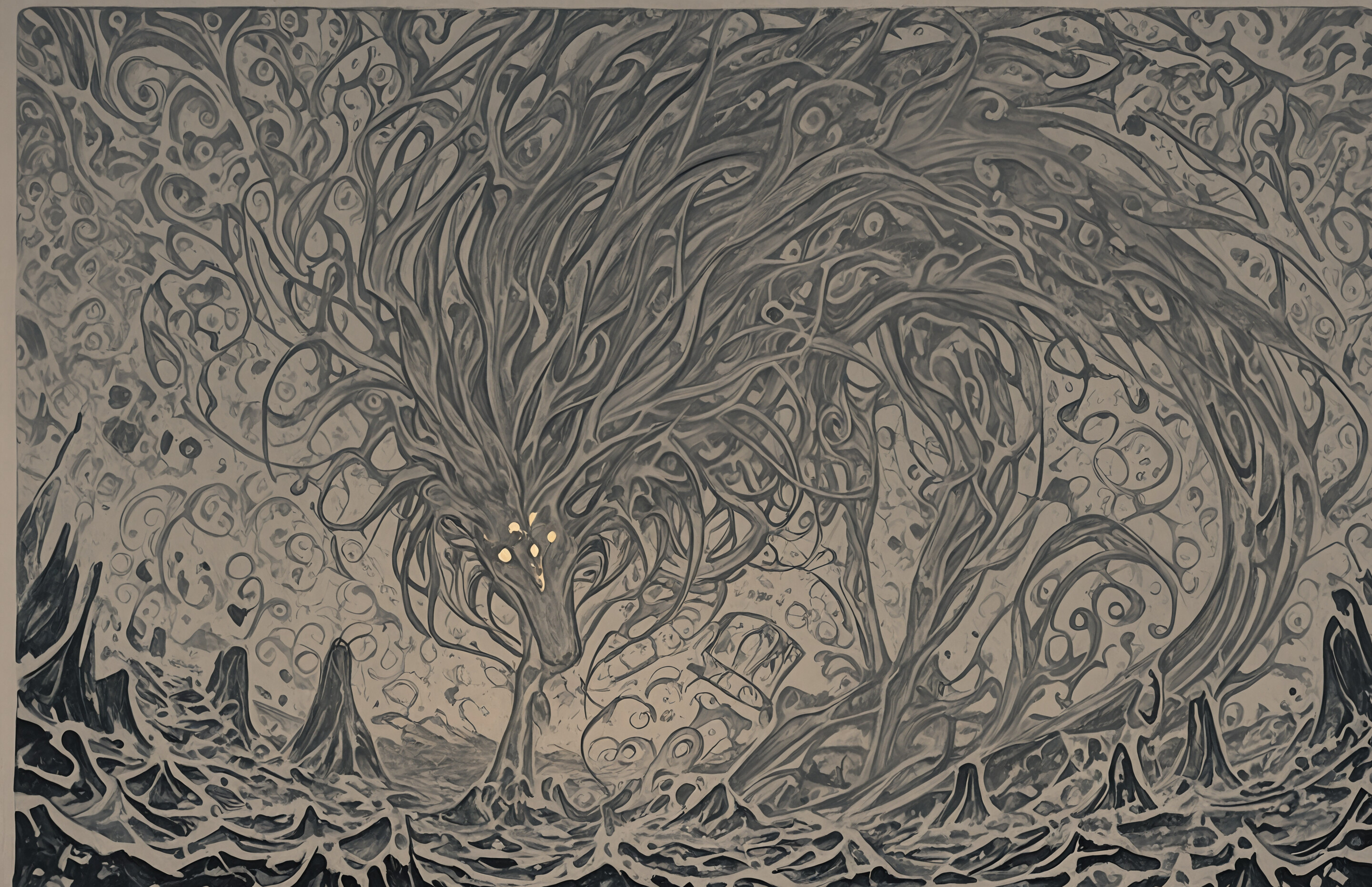 Koyu renk bir arka plana sahip, yoğun ve karmaşık bir şekilde kıvrılan altın renkli çizgiler ve noktalarla kaplı soyut bir tablo. Tablonun üst merkezinde, tek ve parlak bir ışık küresi, odak noktası görevi görüyor.