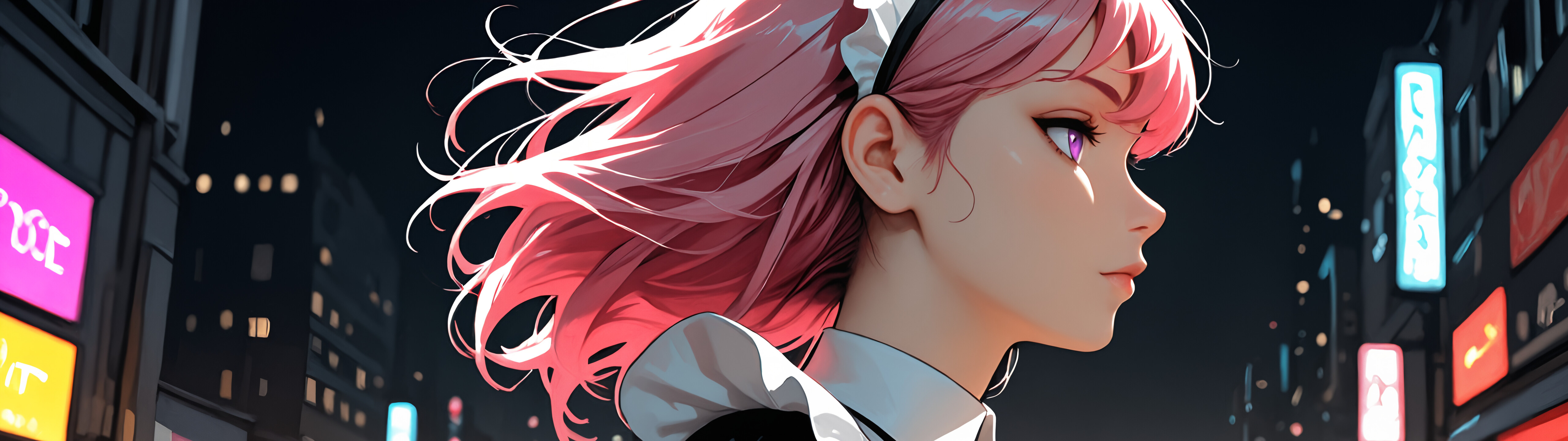 Uzun pembe saçlı ve mor gözlü genç bir kadının, siyah beyaz hizmetçi kıyafeti giymiş anime tarzında bir çizimi. Gece vakti bir şehir sokağında duruyor ve arka planda bulanık neon ışıklar var.