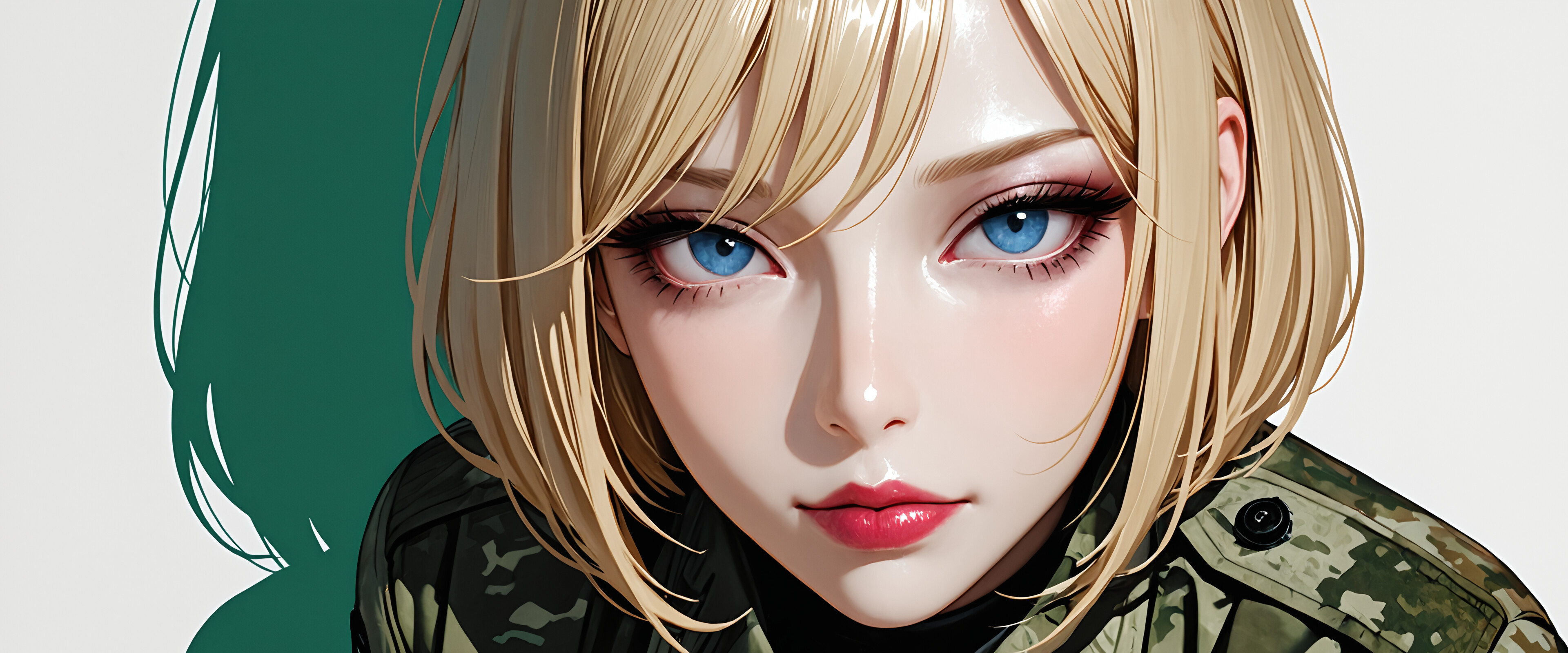 Kısa, sarı saçları ve etkileyici mavi gözleri olan, yeşil kamuflaj üniforması ve siyah taktik ekipmanı giymiş, güzel bir kadın askerin detaylı bir çizimi; beyaz bir zemin önünde poz veriyor.