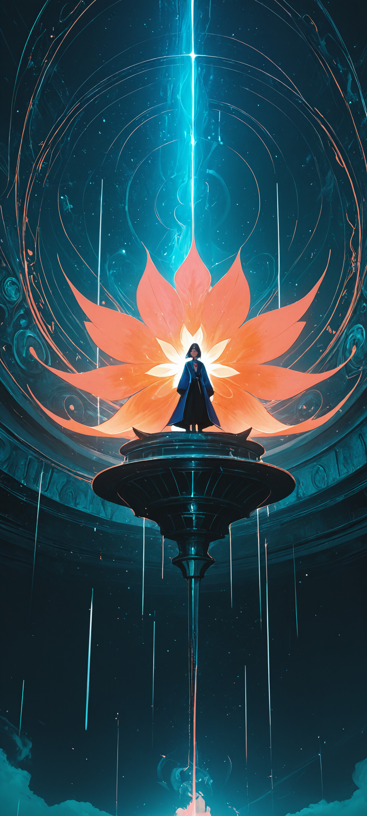 Kısa siyah saçlı, koyu renkli, fütüristik bir palto giymiş genç bir kadının tüm vücudunu gösteren bir çizim. Kadın, karanlık ve kayalık bir ortamda, büyük, parlak, turkuaz ve kırmızı renkli dairesel bir geçidin önünde duruyor.