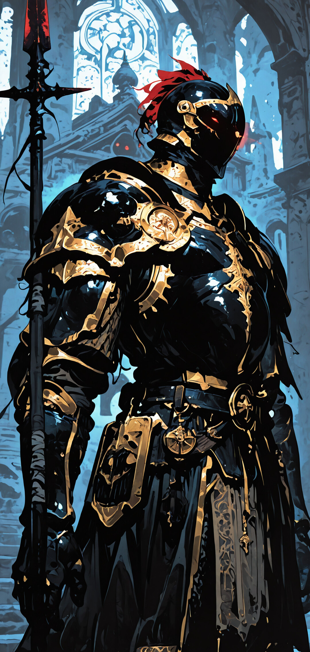 Üzerinde karmaşık desenli siyah ve altın renkli zırhı, parlayan kırmızı gözleri olan, elinde büyük bir mızrak tutan, heybetli bir şövalye, dramatik kırmızı bir arka ışıklandırma ile aydınlatılmış taş bir tapınağın içinde duruyor.