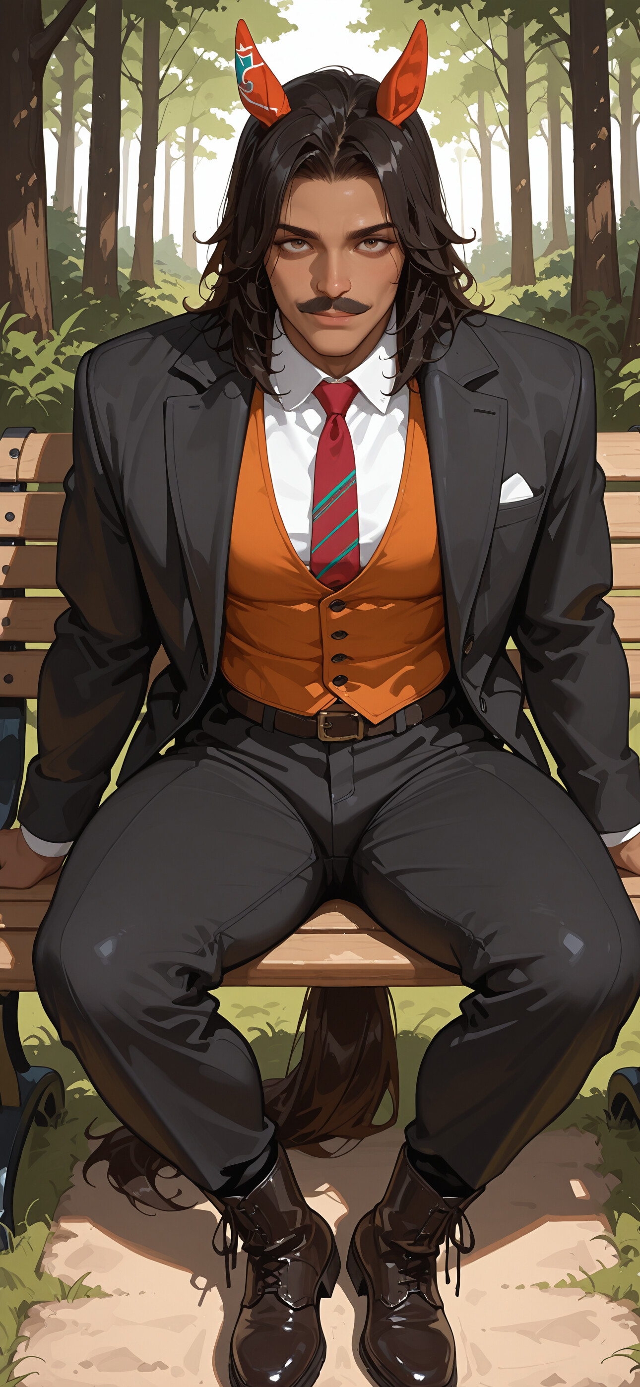 Esmer tenli, uzun, koyu saçlı, bıyıklı ve at kulaklarına sahip, yakışıklı bir adamın parkta bir bankta oturduğu dijital bir çizim. Üzerinde bej bir ceket, turuncu bir yelek ve kırmızı bir kravat var. Hafif bir gülümsemeyle kameraya kendinden emin bir şekilde bakıyor. Arkasında yerde bir at kuyruğu duruyor.