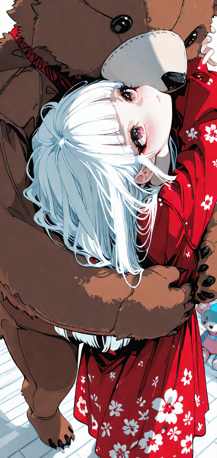 Uzun beyaz saçlı ve pembe gözlü genç bir kızın, arkasından kocaman kahverengi bir oyuncak ayı tarafından kucaklandığı, anime tarzında bir çizim. Kız, kırmızı çiçek desenli bir elbise giymiş ve odada birçok küçük oyuncak ayı daha bulunuyor.