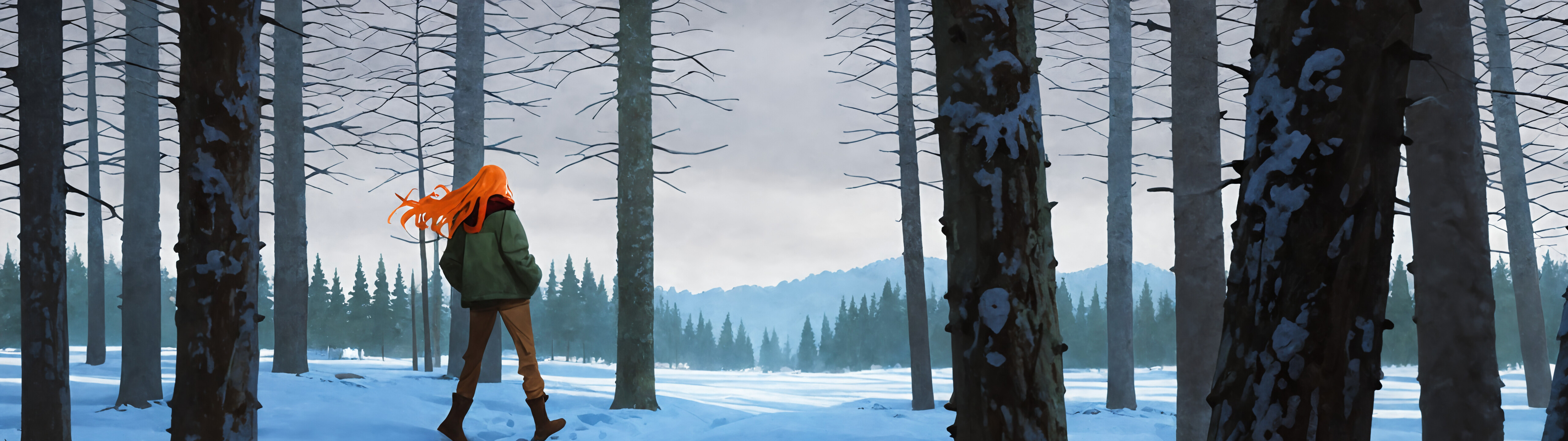 Sonsuz Tren'den Tulip Olsen'in arkadan, karla kaplı bir çam ormanında ayakta durduğu bir portresi. Parlak turuncu saçları rüzgarda uçuşuyor, üzerinde yeşil bir ceket, kırmızı ekose bir atkı ve kahverengi pantolon var; elleri ceplerinde.