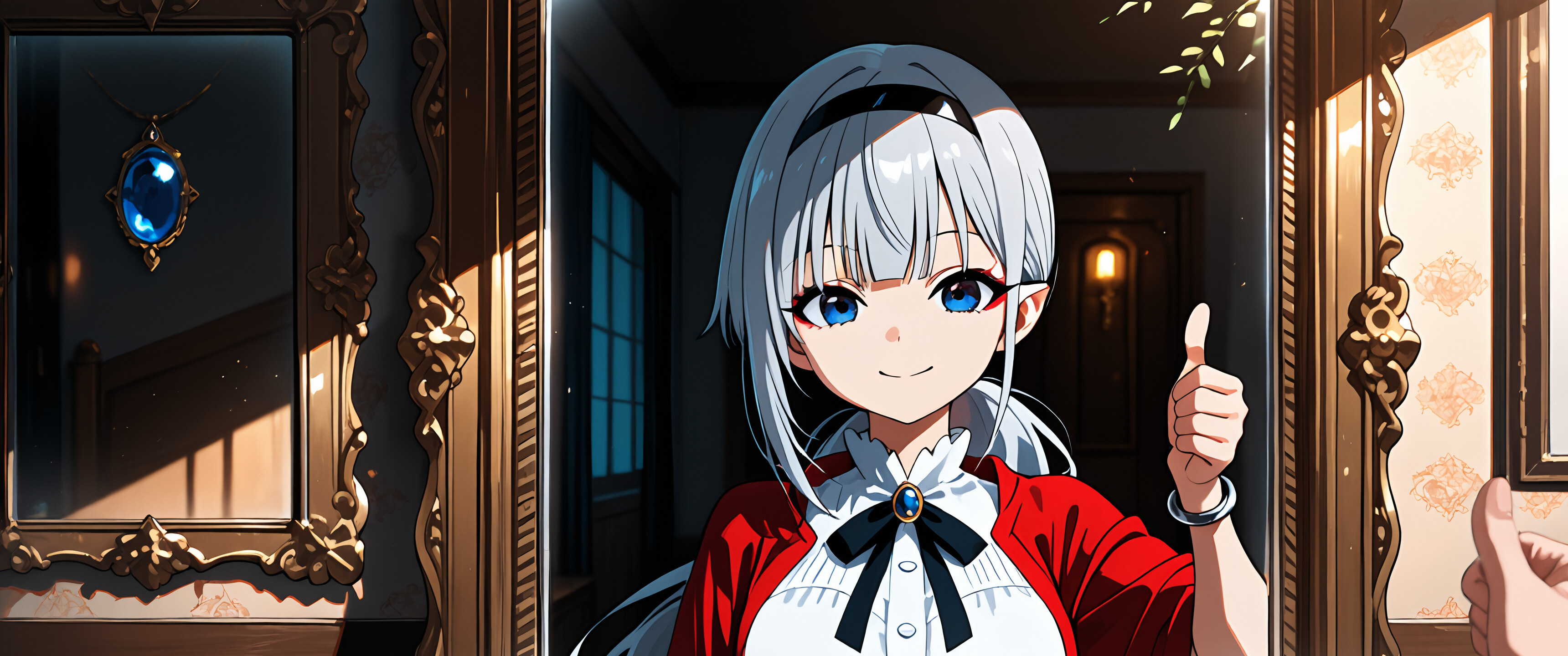 Gümüş saçlı ve sivri kulaklı bir anime karakteri olan Hiragi Popura, süslü bir aynanın önünde gülümseyerek başparmağını kaldırıyor; ön plandaki bir el de aynadaki yansımasına aynı şekilde başparmağını kaldırarak karşılık veriyor.