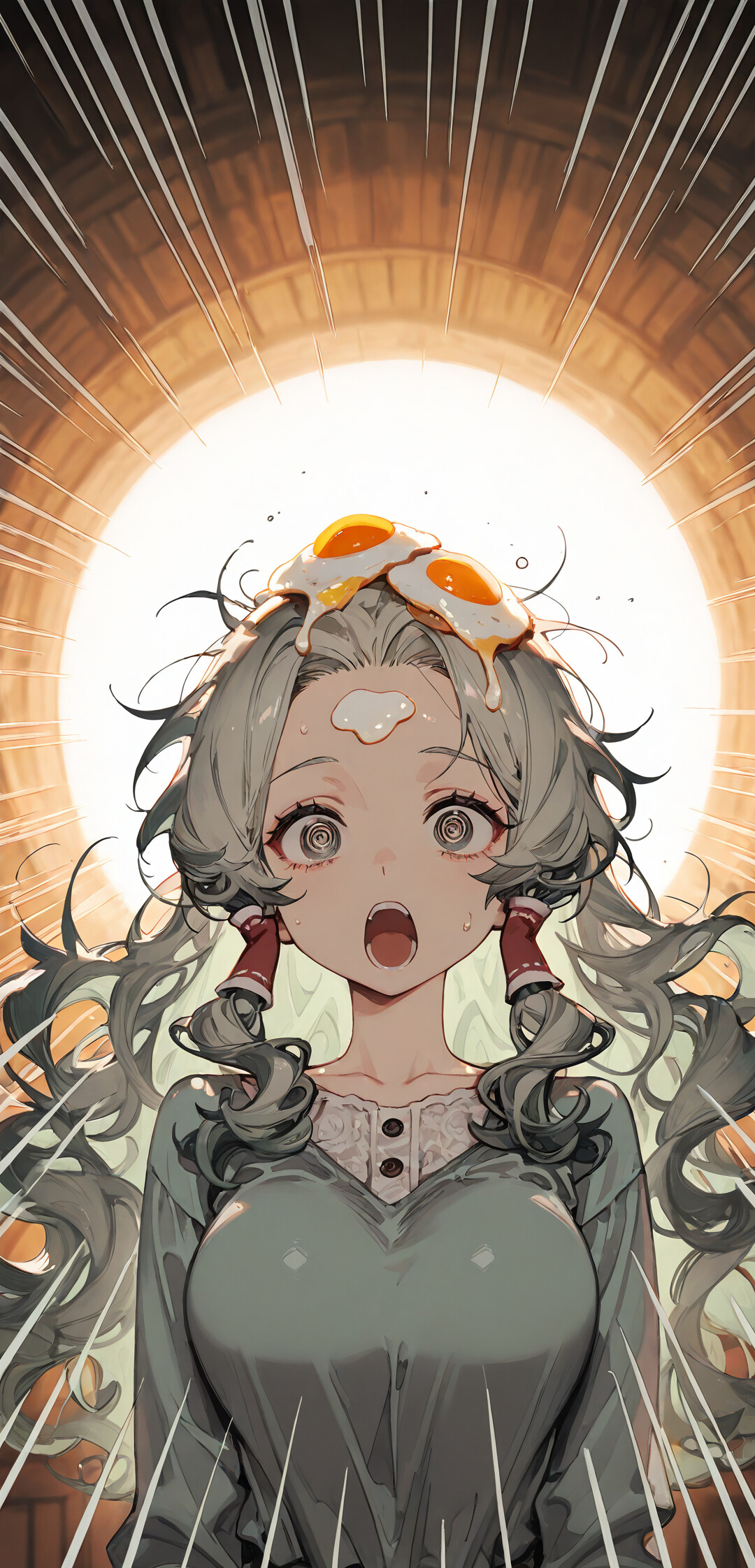 Dalgalı, açık yeşil saçları ve spiral şeklinde gözleri olan, anime tarzında bir kız. İki tane kızarmış yumurta başının üzerinde dururken, şaşkınlıkla ağzı açık bir şekilde duruyor.