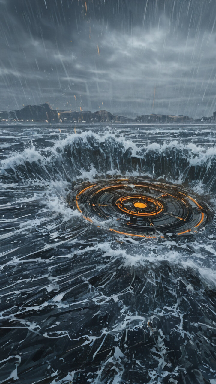 Fırtınalı bir denizin dramatik bir fantezi resminde, devasa, ağaç şeklinde bir su sütunu yükseliyor ve içinden yayılan parlak mavi bir ışıkla parlıyor. Karanlık, bulutlu bir gökyüzünden yağmur, hırçın okyanusa ve kayalık bir kıyı şeridine yağıyor.