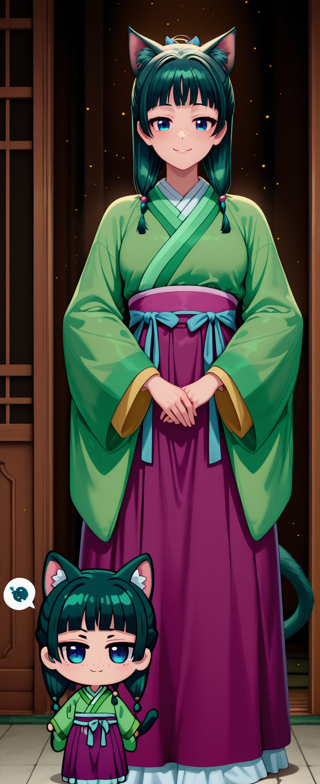 Apothecary Diaries adlı eserdeki Maomao karakterinin tüm vücudunu gösteren, chibi tarzında çizilmiş ve kedi kız olarak yeniden tasarlanmış bir illüstrasyon. Yeşil saçları, kedi kulakları ve kuyruğu, büyük mavi gözleri ve benekleri var. Üzerinde yeşil ve mor renklerde geleneksel bir kıyafet bulunuyor ve Japon tarzı kapıları olan bir odada duruyor.