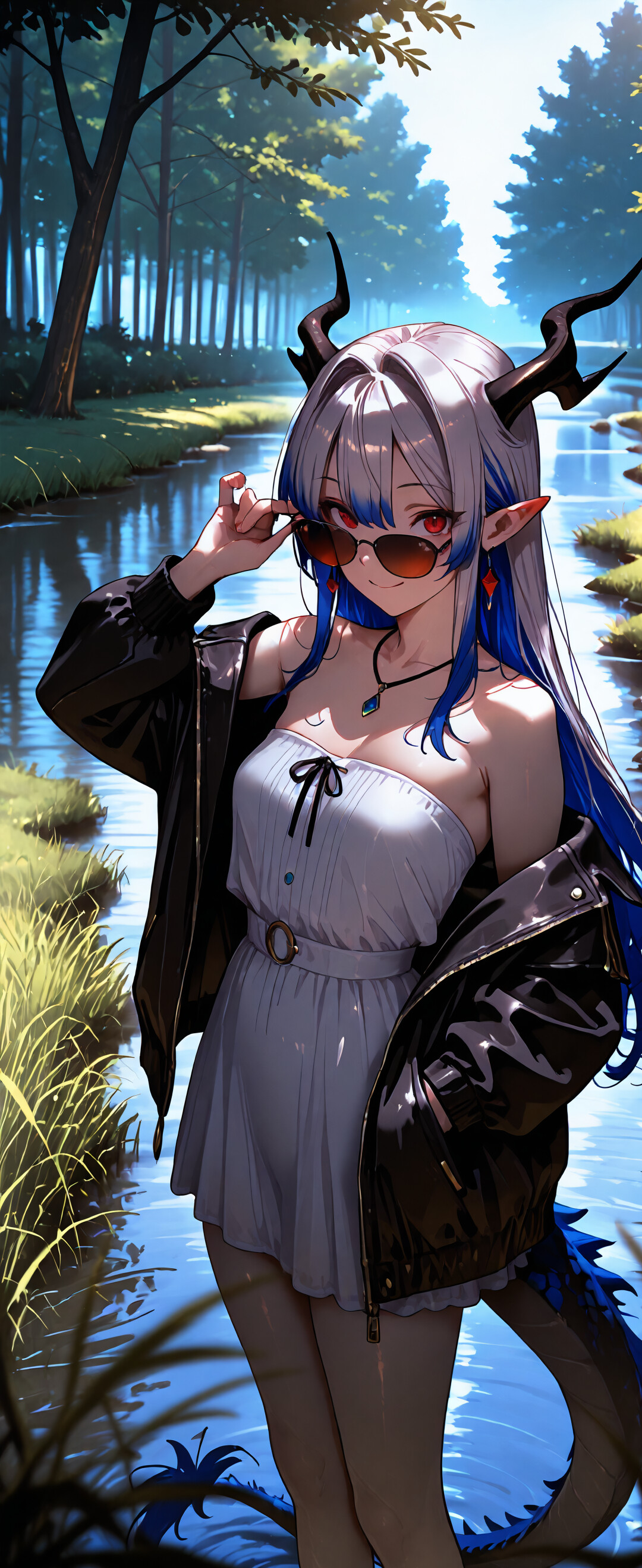 VTuber Selen Tatsuki'nin ejderha kız olarak tasvir edildiği, anime tarzında bir çizim. Uzun gümüş ve mavi saçları, mavi boynuzları ve kırmızı gözleri var. Ormandaki bir nehrin kenarında gülümserken, üzerinde beyaz bir elbise, siyah bir ceket ve kırmızı güneş gözlüğü takıyor.