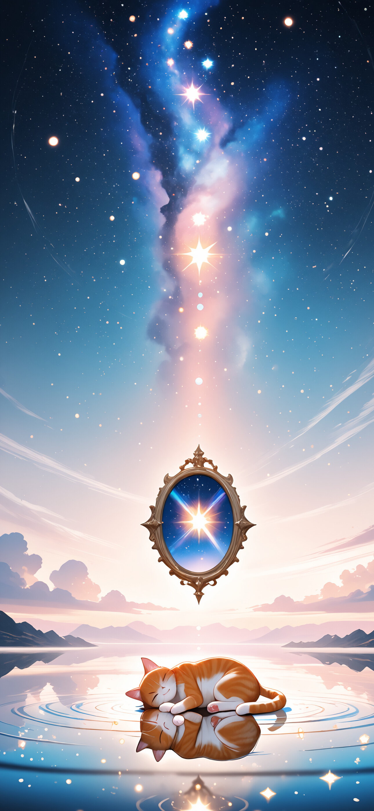 Sevimli, turuncu ve beyaz benekli bir kedinin, suya benzeyen yansıtıcı bir yüzey üzerinde uyurkenki görüntüsü. Arka planda canlı bir nebula, sayısız yıldız ve kedinin arkasında büyük, parıldayan bir küre ile kozmik bir gece gökyüzü yer alıyor.