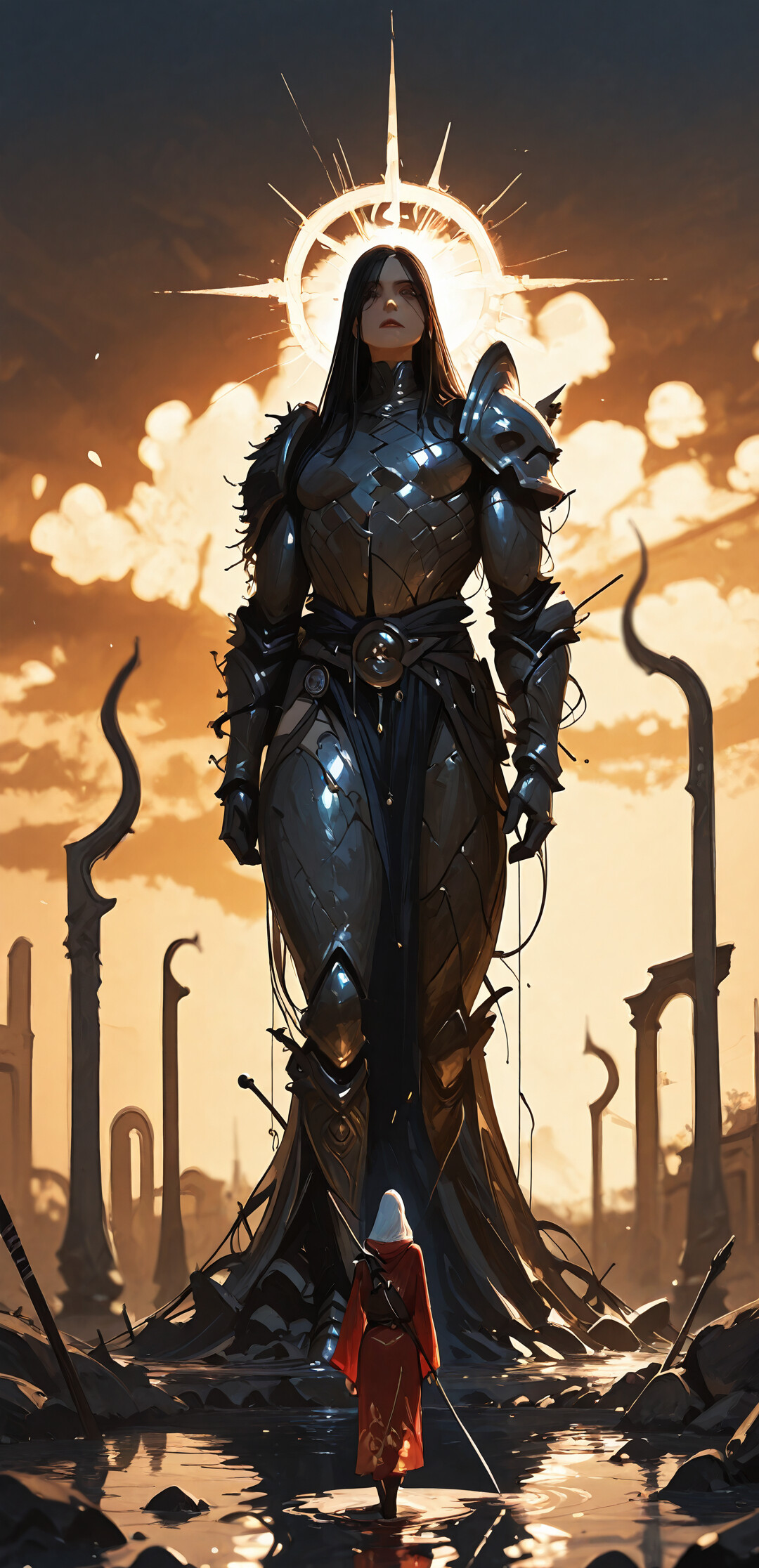 Kırmızı renkli, başlığı olan bir cübbe ve siyah zırh giymiş, fantastik bir savaşçı, gün batımında sularla kaplı, antik bir şehrin sığ sularından geçerken, etrafı büyük taş heykellerle çevrilidir.