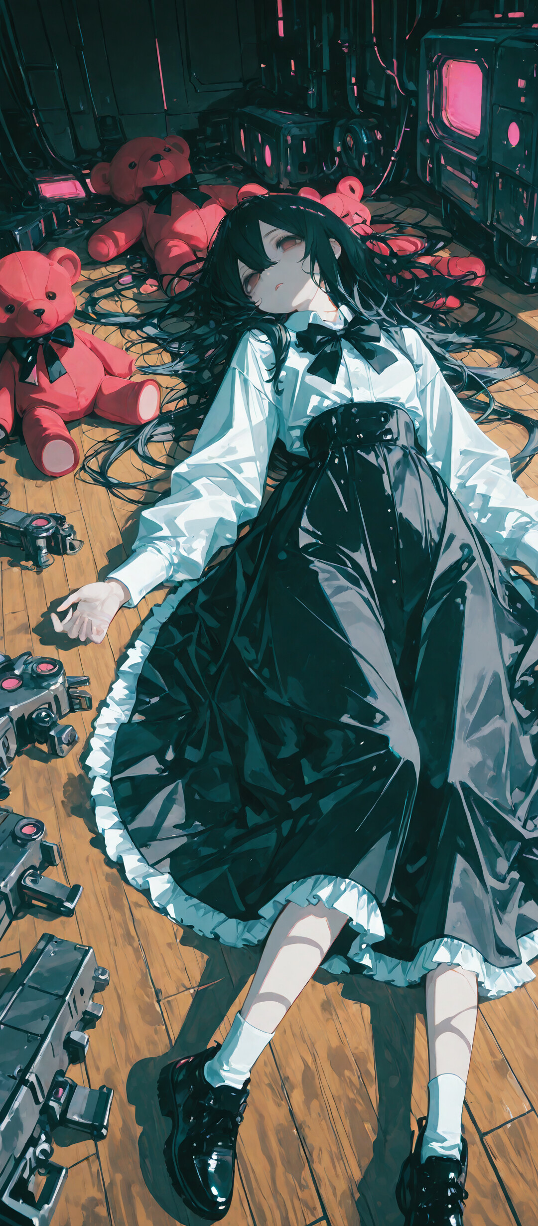 Uzun siyah saçlı bir anime karakteri, bilim kurgu temalı bir odada ahşap bir zemine uzanmış halde, yüksek açılı bir çekimle gösteriliyor. Üzerinde beyaz bir gömlek ve siyah bir etek var ve etrafı, kırmızı ışıklar saçan ekranlara sahip makineler ve küçük bir oyuncak ayı ile çevrili.