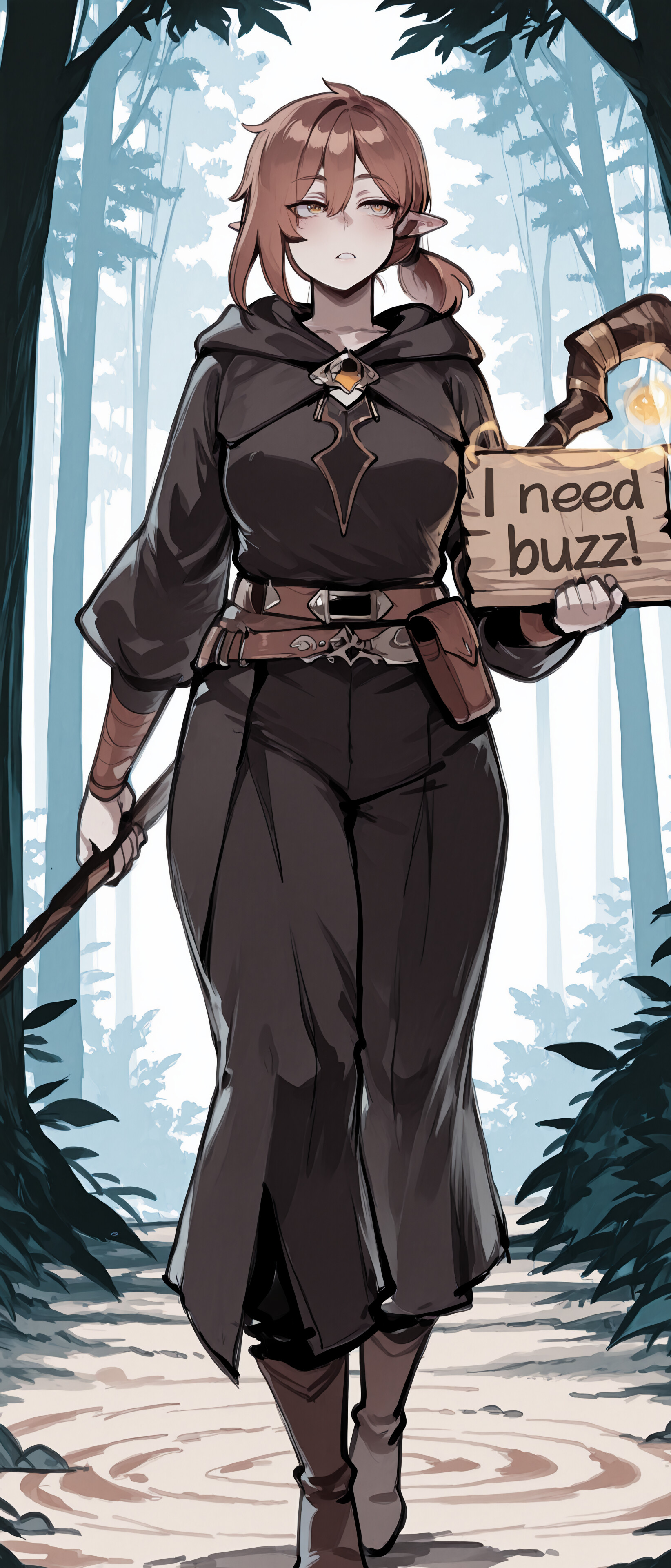 Kısa kahverengi saçlı, koyu renkli, kapüşonlu bir kıyafet giymiş, elf kökenli bir büyücü, karlı bir ormanın içinde duruyor, bir elinde bir asa tutuyor ve diğer eliyle parıldayan bir büyü yapıyor.