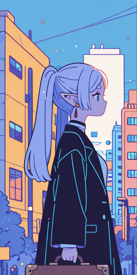 Uzun beyaz saçlarını atkuyruğu şeklinde toplamış, elflerin dünyasından gelmiş bir kız olan Frieren'in, modern bir şehirde yürürken çizilmiş anime tarzı bir illüstrasyonu. Yan profilden gösterilmiş, üzerinde beyaz bir pelerin ve elinde kahverengi bir valiz var. Şehrin binaları mavi ve mor tonlarında çizilmiş.