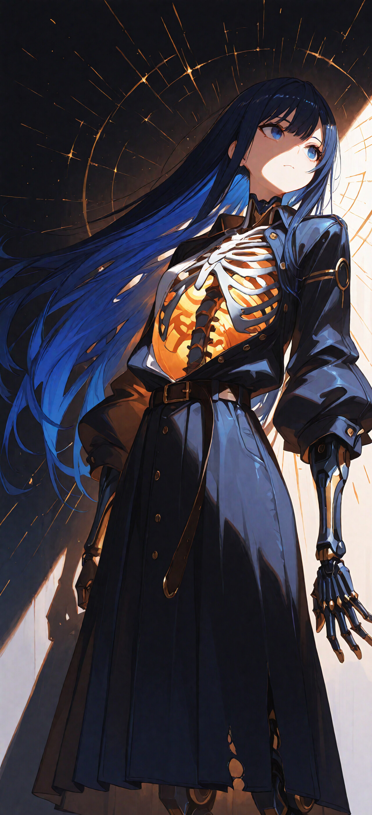 Uzun, koyu mavi saçlı, anime tarzında bir siborg kız, hüzünlü bir ifadeyle aşağıya bakıyor. Göğüs kısmı açıkta, içinden parlak turuncu bir ışık yayan beyaz renkli mekanik kaburgası görülüyor. Koyu renkli, açık bir ceket ve yırtık bir etek giymiş; arka planda ise karanlık bir zemin ve kıvılcımlar var.