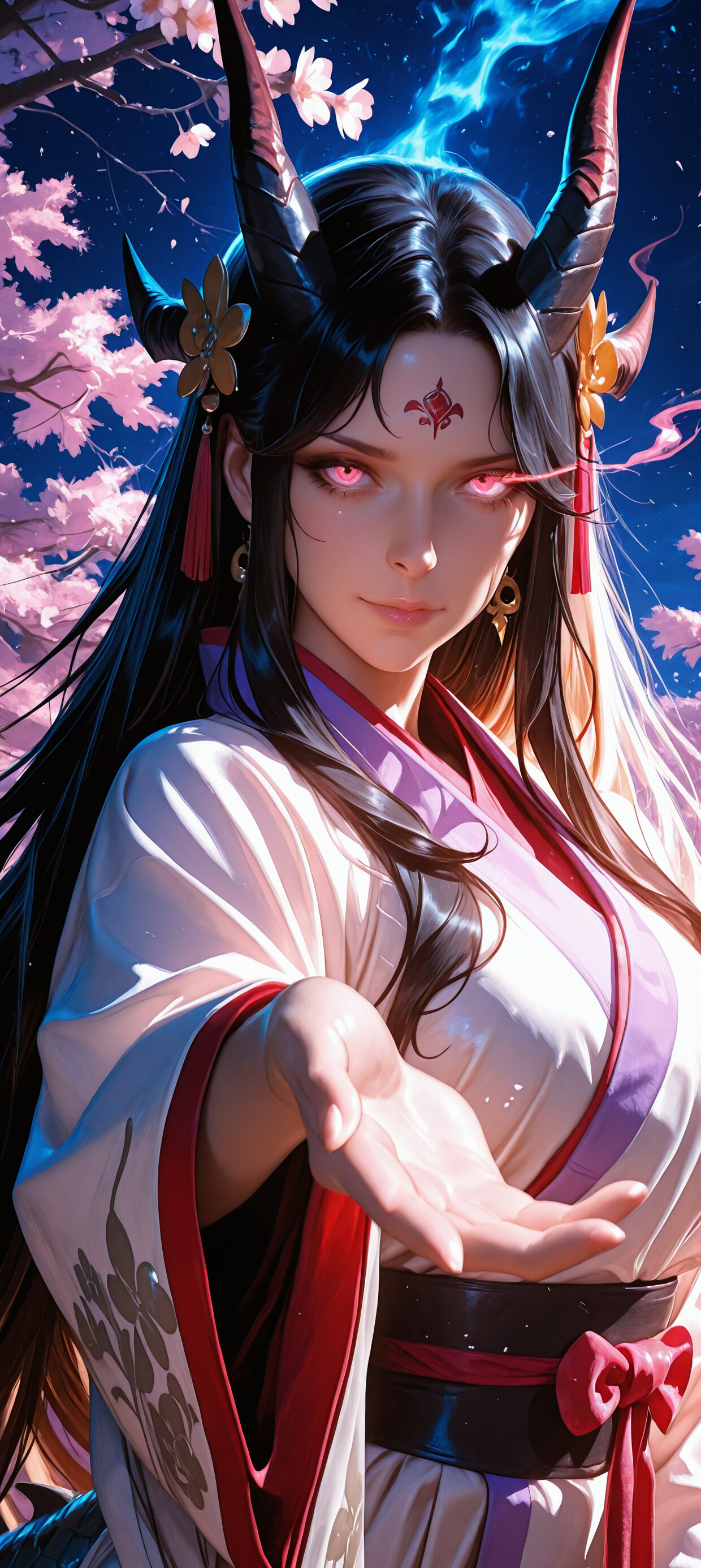 One Piece'den Yamato'nun dijital bir portresi; burada kendisi ejderha rahibesi olarak yeniden tasavvur edilmiş. Uzun siyah saçları, altın rengi boynuzları ve parıldayan pembe gözleri var ve karanlık bir Japon tapınağının içinde ellerinde ışık küresi tutuyor.