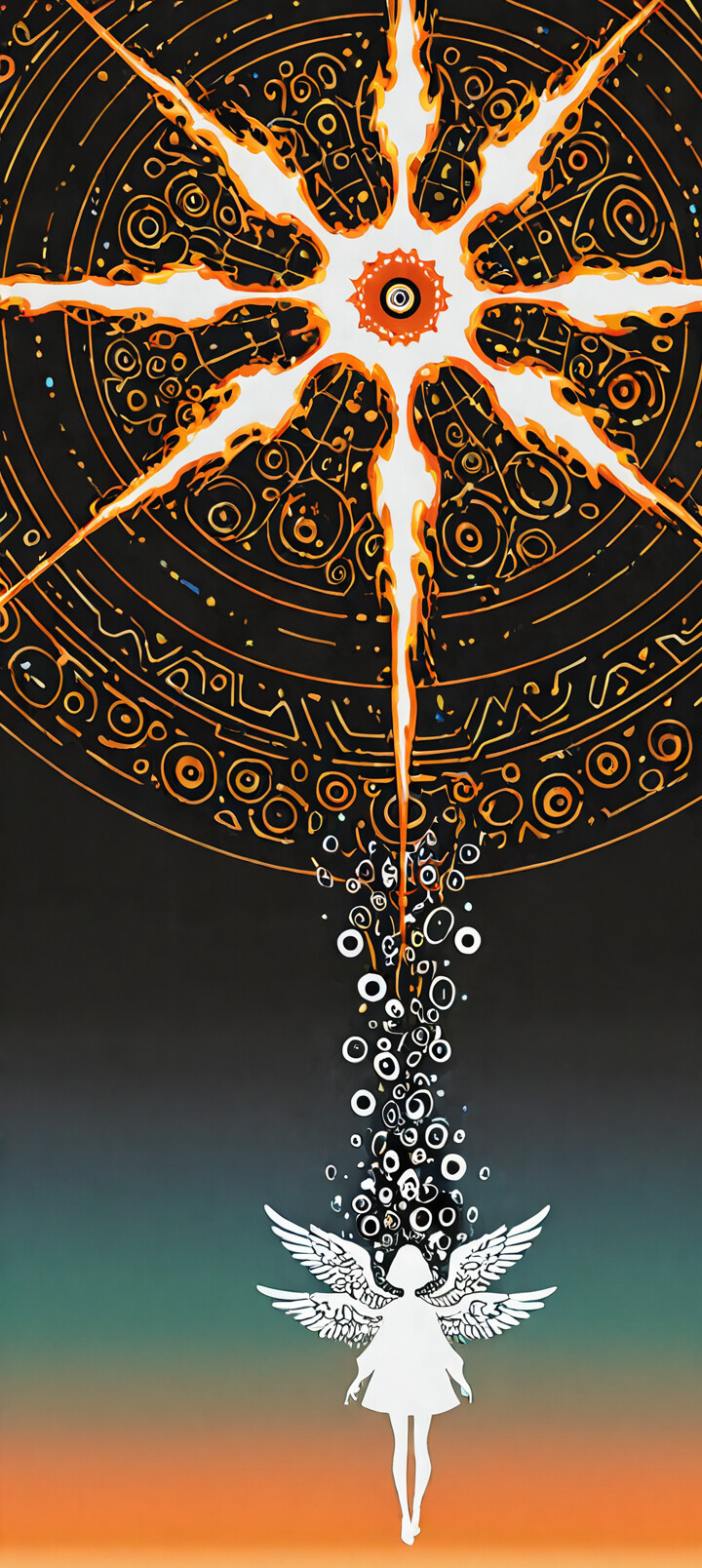 Soyut, yüksek kontrastlı bir göksel varlığın çizimi. İçinde birçok küçük göz bulunan büyük, siyah bir daire başı oluşturuyor ve merkezinde tek, alev alev yanan kırmızı bir göz bulunuyor. Bu, siyah, güneş benzeri ışınlarla çevrili beyaz bir hale ile çevrelenmiş. Altında, siyah ve koyu kırmızı bir zemin üzerinde, beyaz ve minimalist bir kadın gövdesi silueti yer alıyor.
