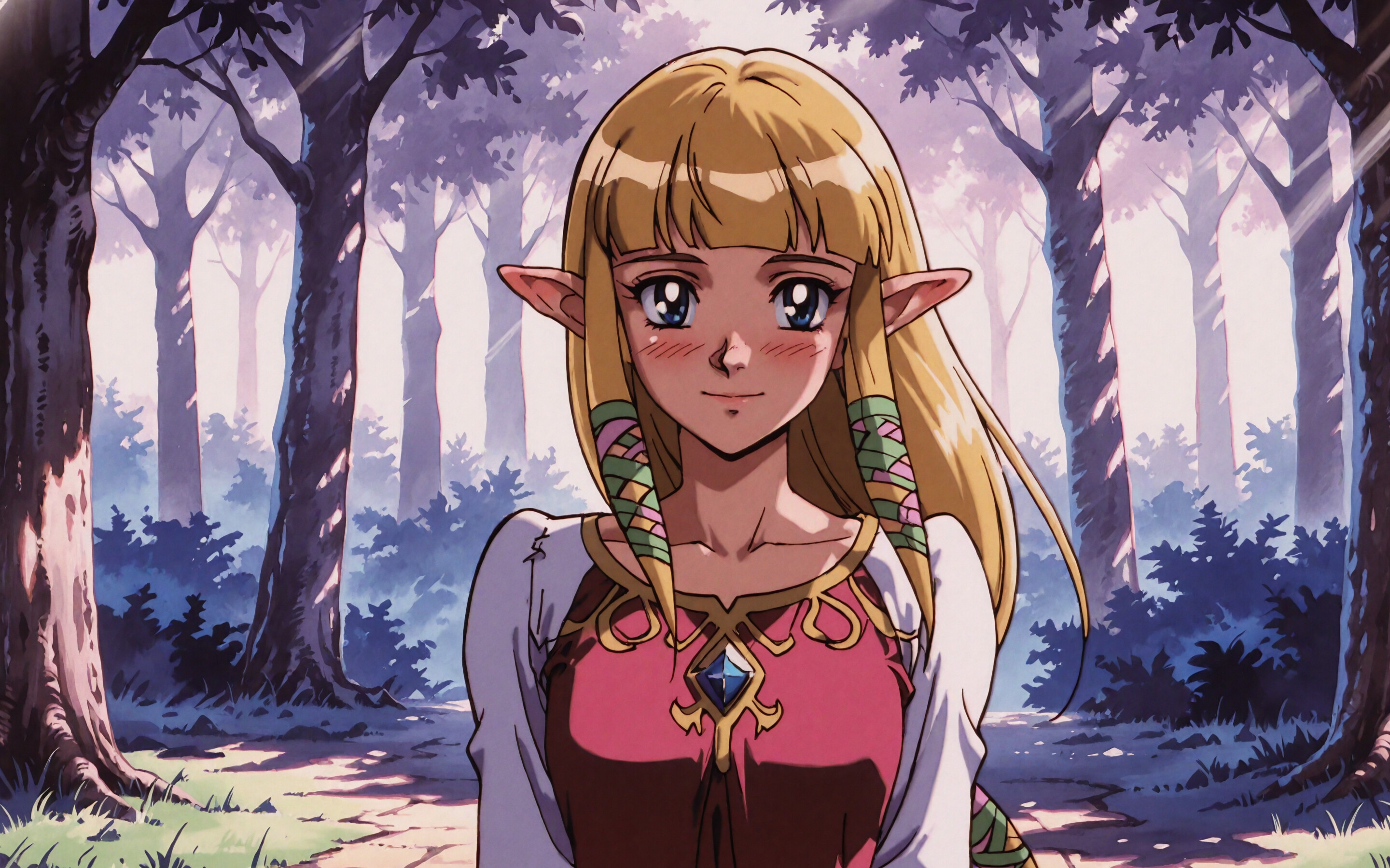 Skyward Sword oyunundan Prenses Zelda'nın, 90'lar tarzı bir anime çizimiyle tasvir edildiği bir görsel. Uzun sarı saçları, sivri kulakları ve mavi gözleri var ve hafifçe kızarmış yanakları ve tatlı bir gülümsemesiyle görülüyor. Ormanda, pembe ve kırmızı bir elbise ile beyaz bir şal giymiş.