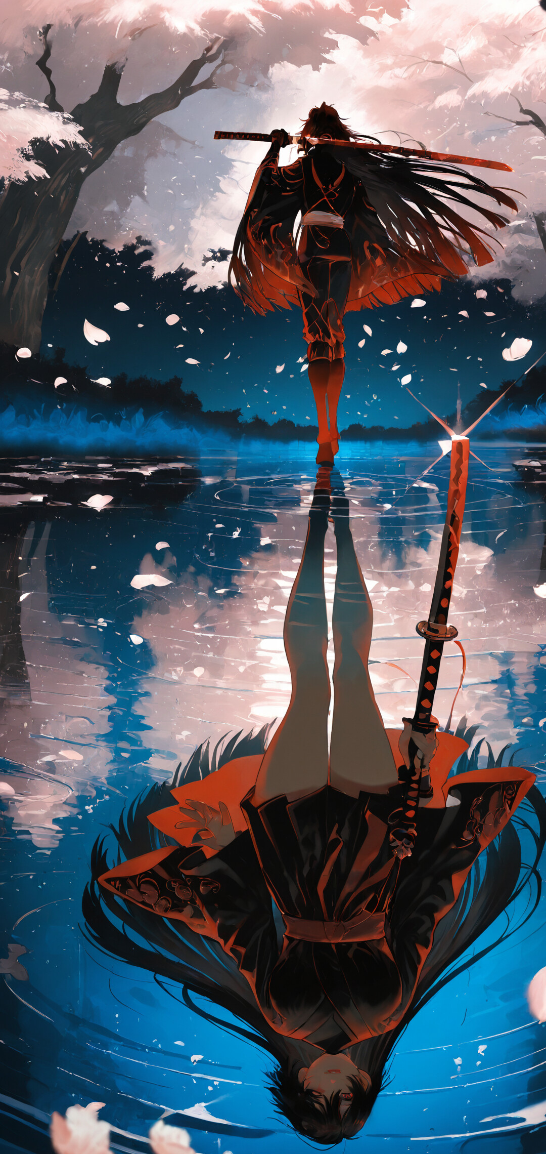 Naruto'dan Sasuke Uchiha'nın anime tarzında çizilmiş bir illüstrasyonu. Gece gökyüzü altında, sakura ağaçlarının olduğu bir suyun üzerinde duruyor. Suydaki yansıması, gerçek yüzünü ortaya çıkararak bir ikilik teması yaratıyor.