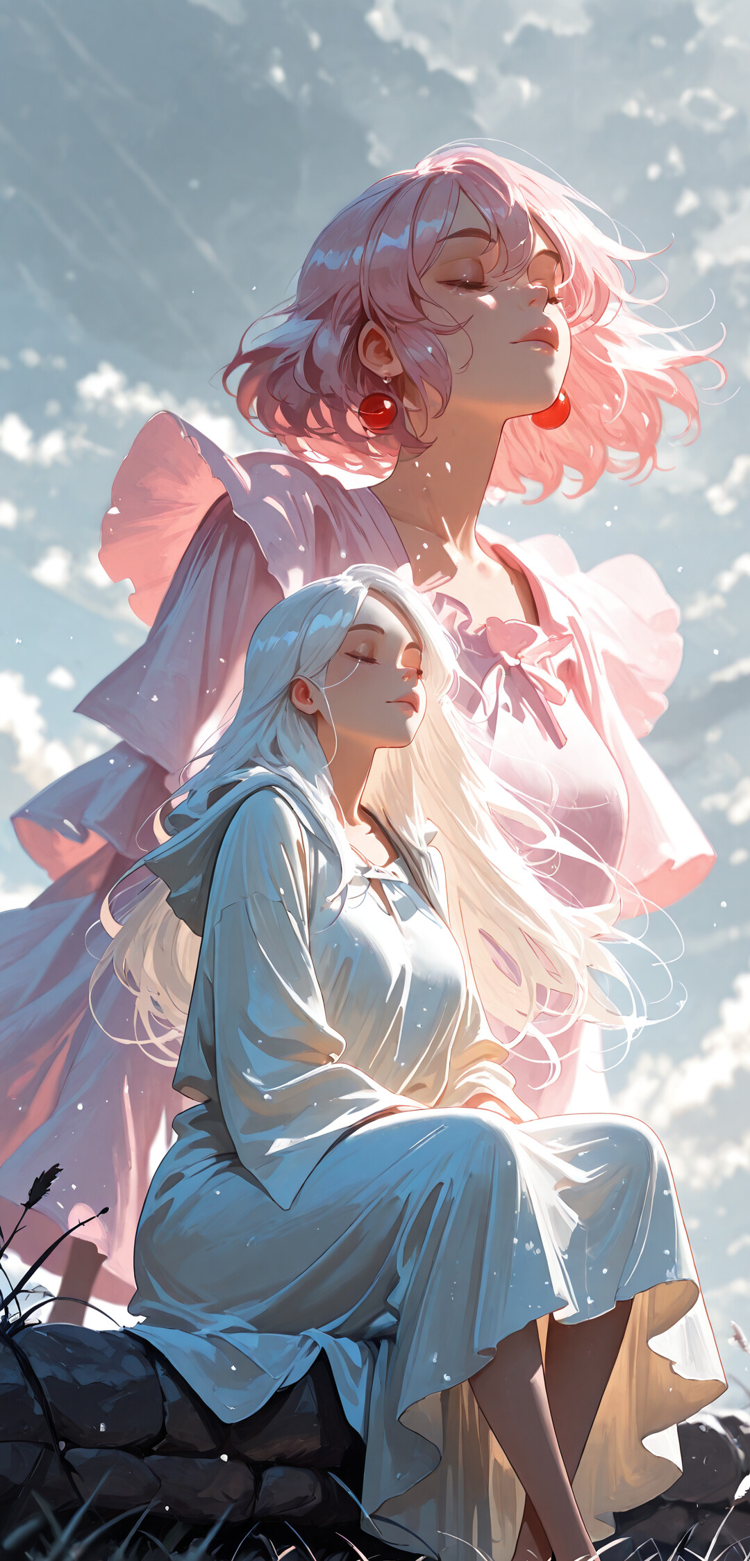 Pembe bir kapüşonlu cübbe giymiş, uzun beyaz saçlı genç bir kadının, pembe çiçeklerden oluşan bir tarlada bacakları çapraz şekilde oturmuş halde resmedildiği, anime tarzında dijital bir tablo. Gözleri kapalı, meditasyon yapıyor ve karanlık, bulutlu gökyüzünde tek, parıldayan bir yıldız onun üzerinde parlıyor.