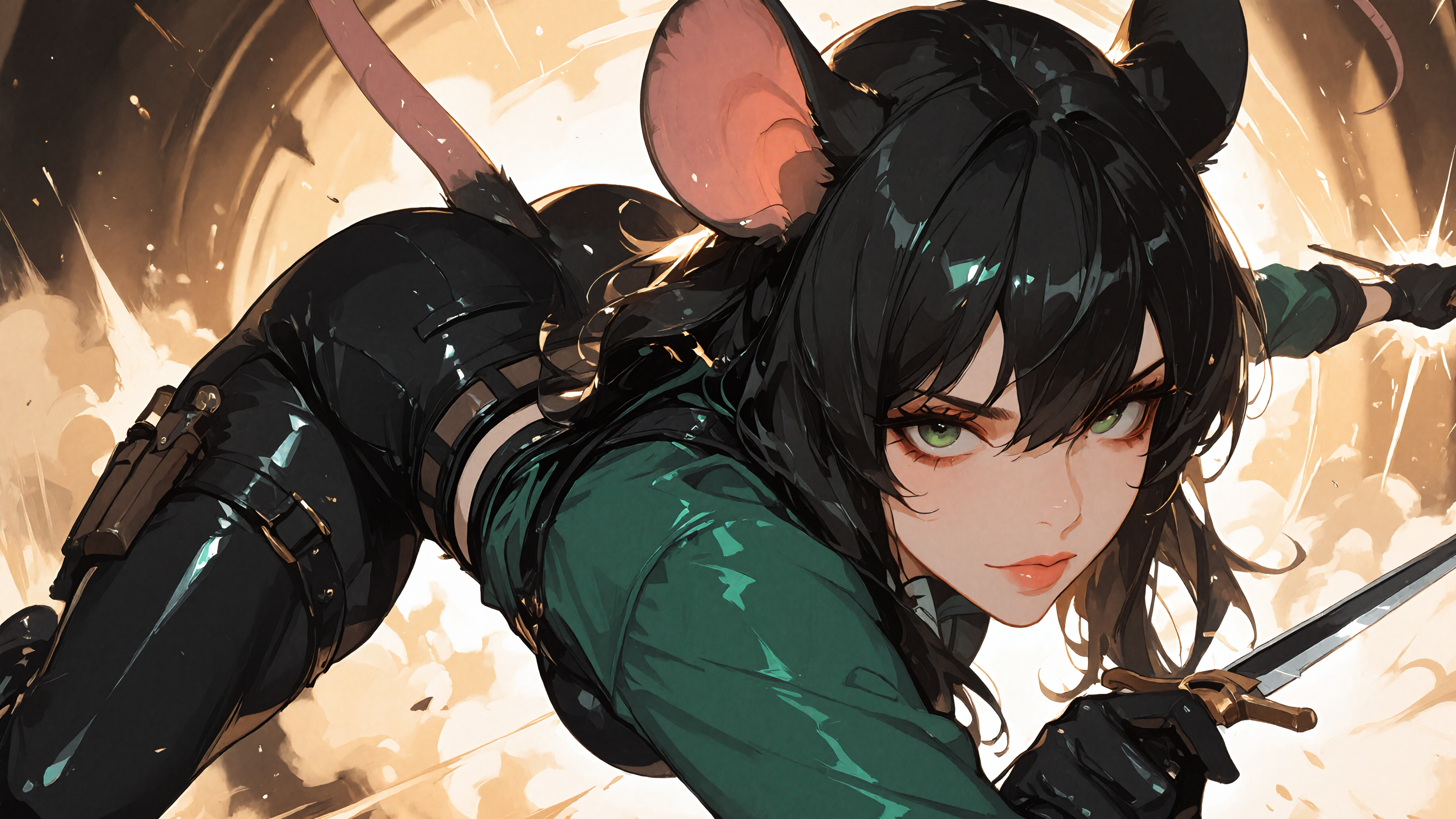 Siyah saçlı, yeşil gözlü, büyük fare kulaklarına ve uzun bir fare kuyruğuna sahip, yeşil bir gömlek ve siyah pantolon giymiş, haydut kılığındaki kadın bir anime karakteri, beyaz fayanslarla kaplı zeminde yatıyor ve doğrudan kameraya bakıyor.