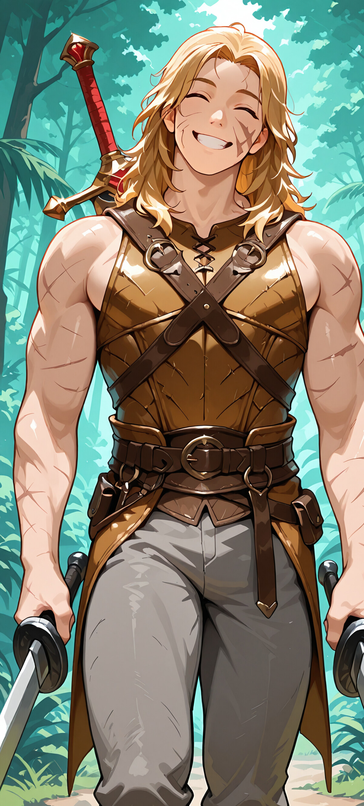Uzun sarı saçlı, kaslı vücutlu, geniş ve neşeli bir gülümsemeye sahip genç bir adam, kahverengi deri zırh giymiş ve elinde iki kılıçla yeşil bir ormanda duruyor.