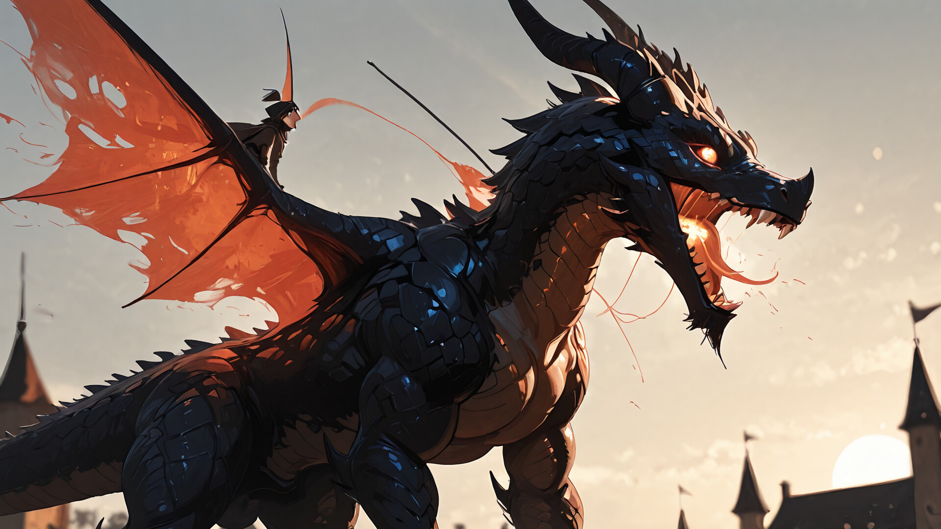 Görkemli bir şekilde, alacakaranlıkta karanlık, gotik bir kalenin en yüksek kulesinin üzerinde duran, büyük, yılan benzeri bir ejderha, içinden alevler saçarak parlıyor.