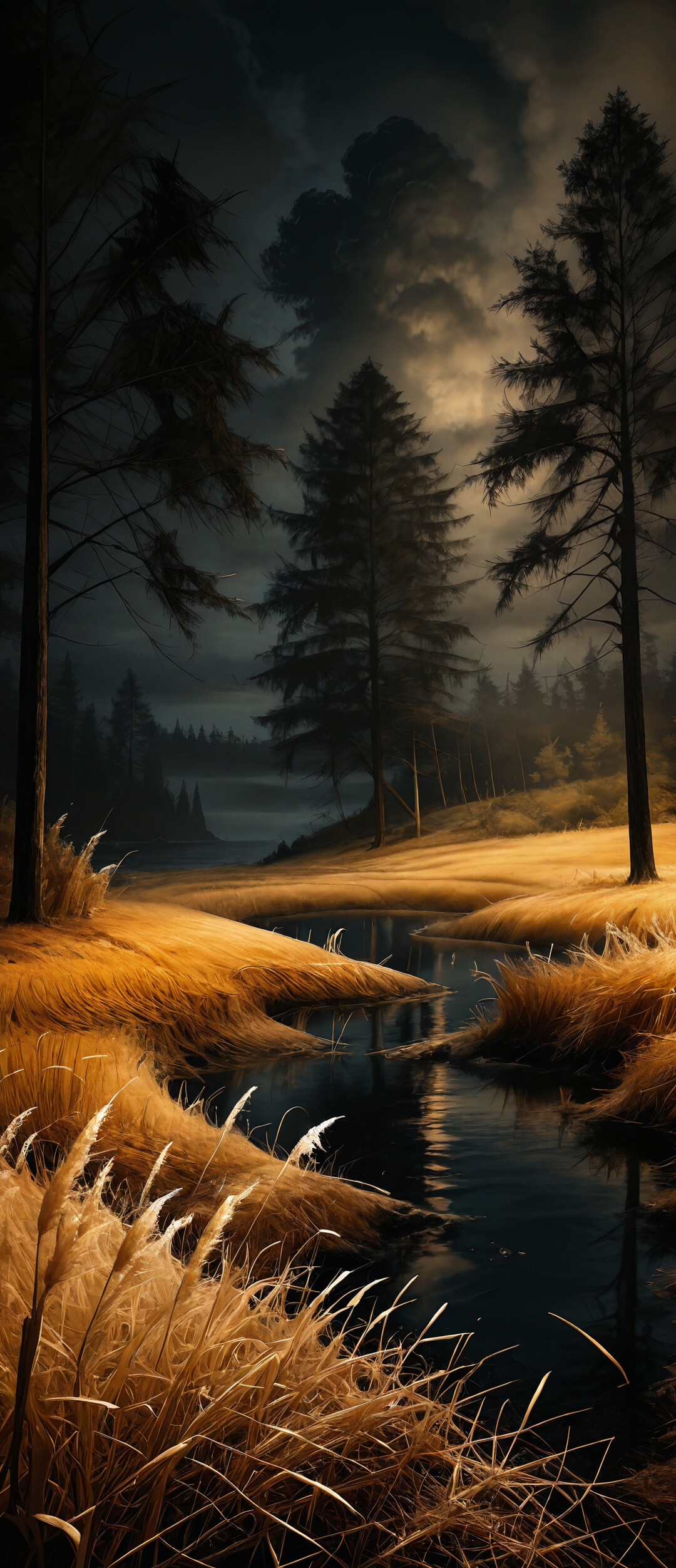 Bulutlu bir gece gökyüzü altında, koyu renkli çam ağaçlarıyla çevrili, altın rengi yüksek otların arasından kıvrılarak denize doğru uzanan toprak bir patikanın resmedildiği, canlı renklerle dolu bir görüntü.