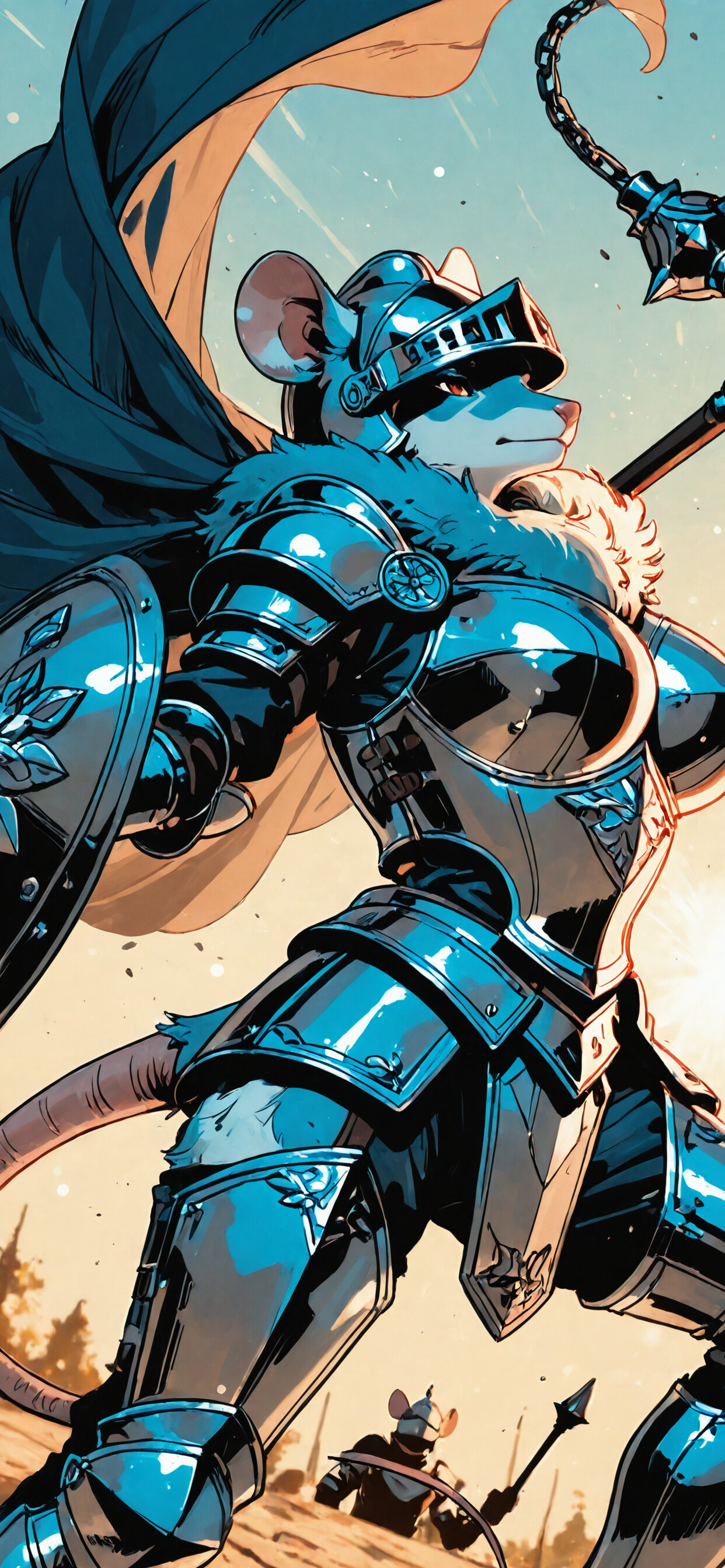 Tamamen zırhla kaplı ve kask takmış, insan özelliklerine sahip dişi bir fare savaşçının dijital çizimi. Arkasında dalgalanan kırmızı bir pelerin ve elinde bir savaş çekiçi var. Yüzünde kararlı bir ifade beliriyor.